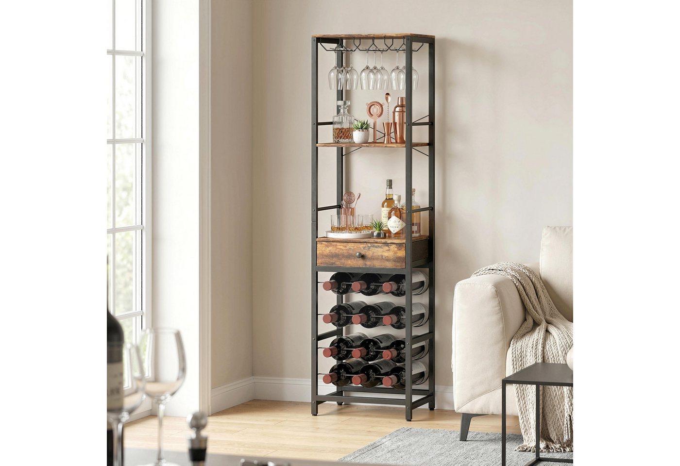 HOMCOM Weinregal Flaschenregal mit Glashalter Stand für Küche Rustikal Braun, Weinhalter 1-tlg., Platz für 12 Flaschen, 9 Gläser, Schublade, Regal, Bar