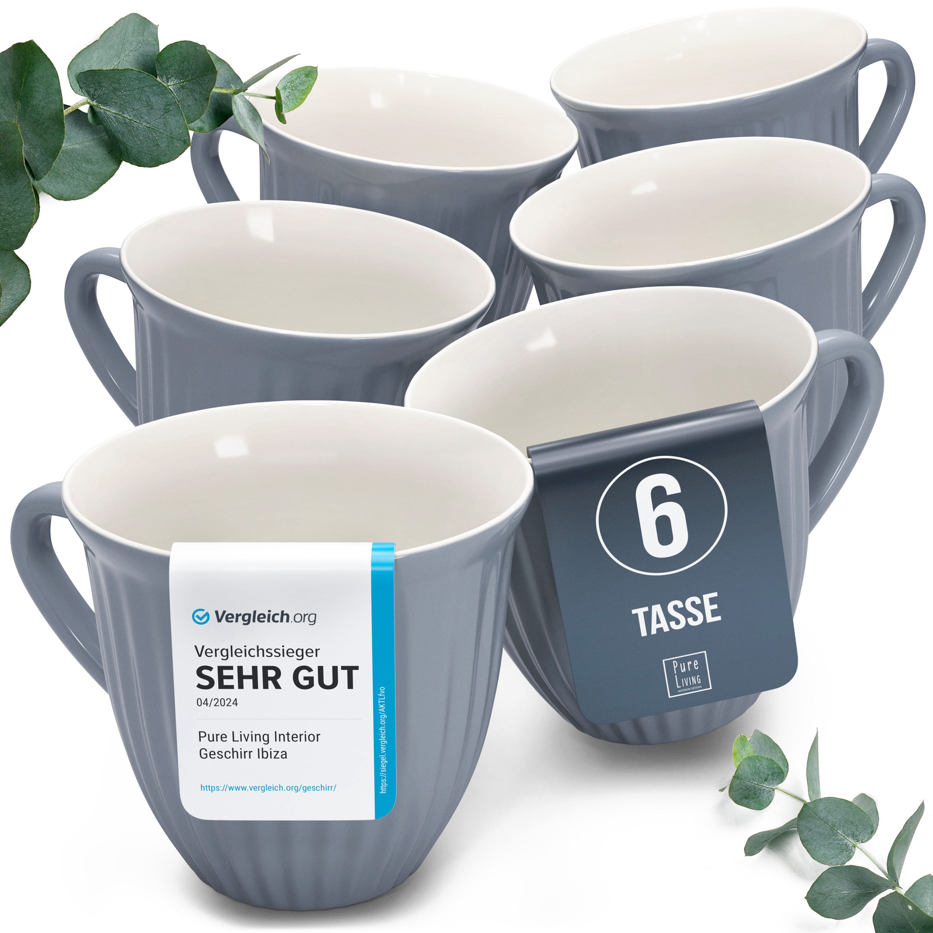 PURE LIVING INTERIOR DESIGN Geschirr-Set Hygge Becher, 6er-Set, 435 ml, Graublau Steingut (6-tlg), 6 Personen, Steingut