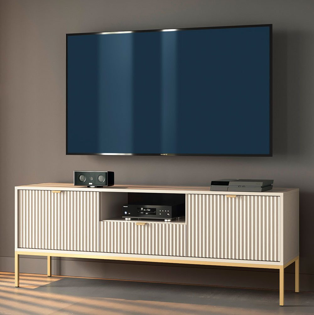 Feldmann-Wohnen Lowboard Nova (2 Türen, 1 offenes Fach, 1 Schublade, 1 St., Riffel-Optik Front, goldfarbene Metallgriffe, ABS-Kanten), 154x39x56cm Fronten mit ausdrucksstarkem geriffelten Muster