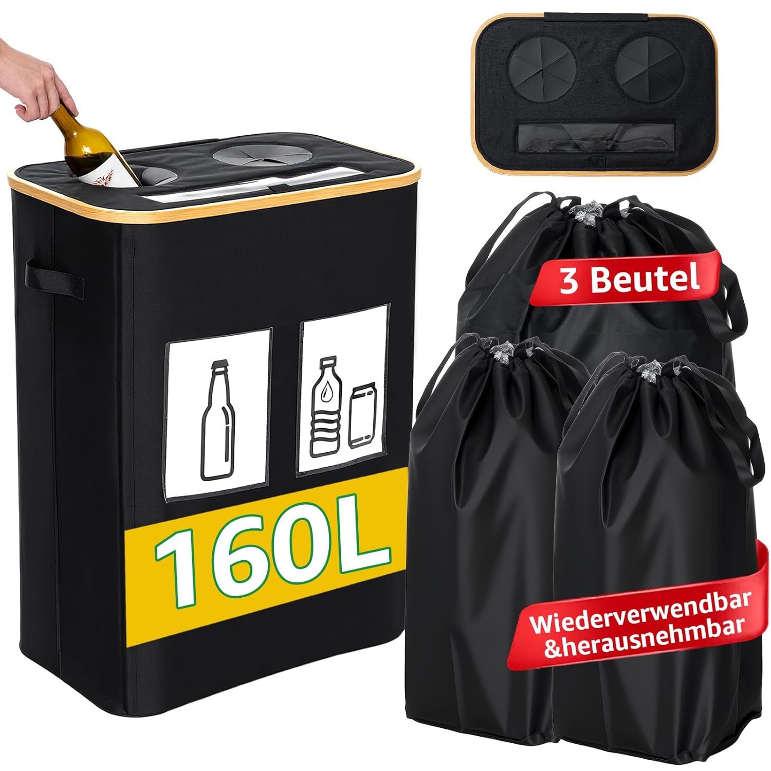 GARPROVM Flaschenkorb, 160 l, Flaschen-Sammelbehälter mit 3 Innensäcken & Sichtfenster, Faltbar