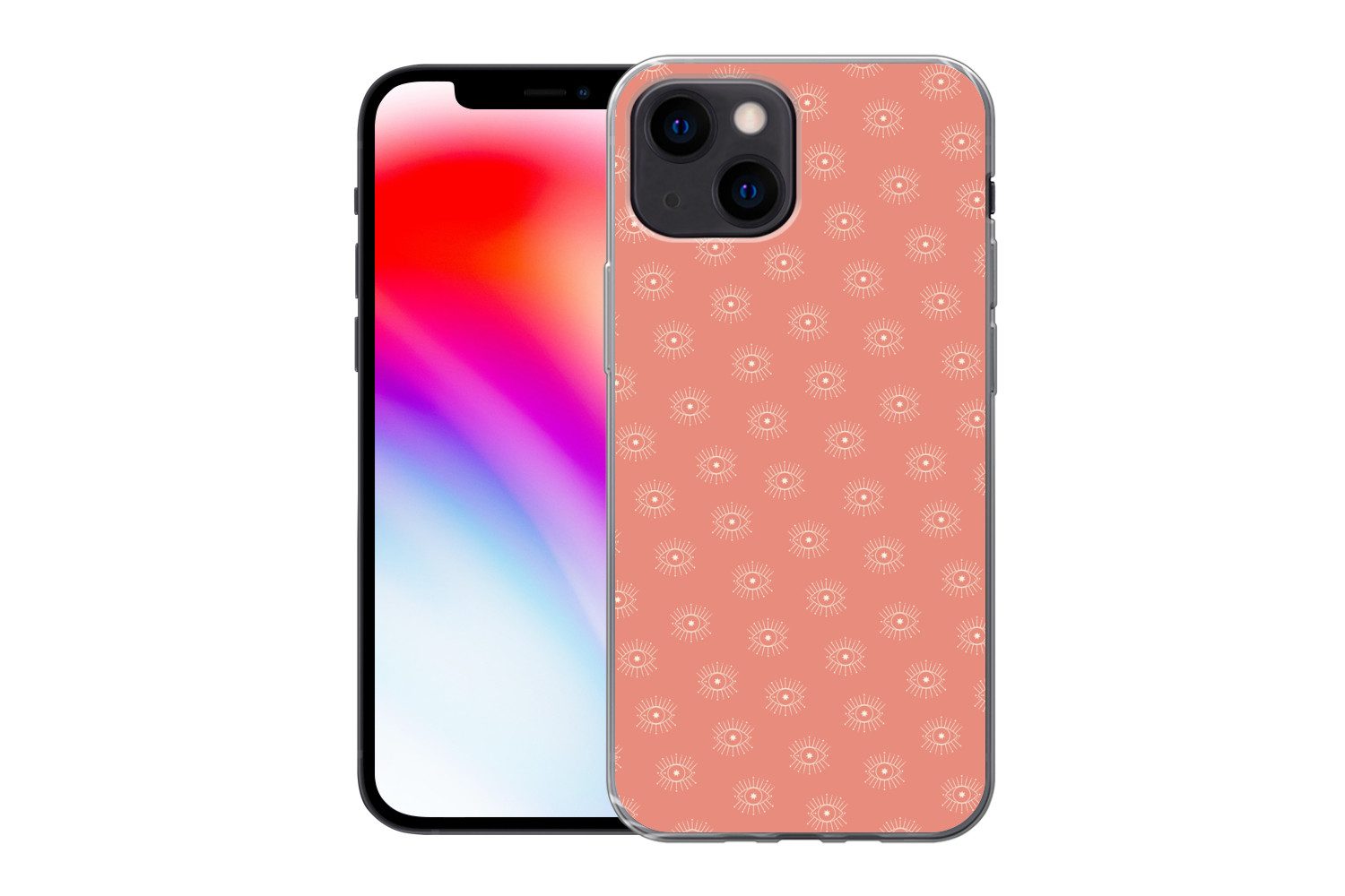 MuchoWow Handyhülle für Apple iPhone 13 mini Boho - Druck - Rosa - Weiß - Augen, Smartphone-Bumper, Print, Handy Schutzhülle Dünn