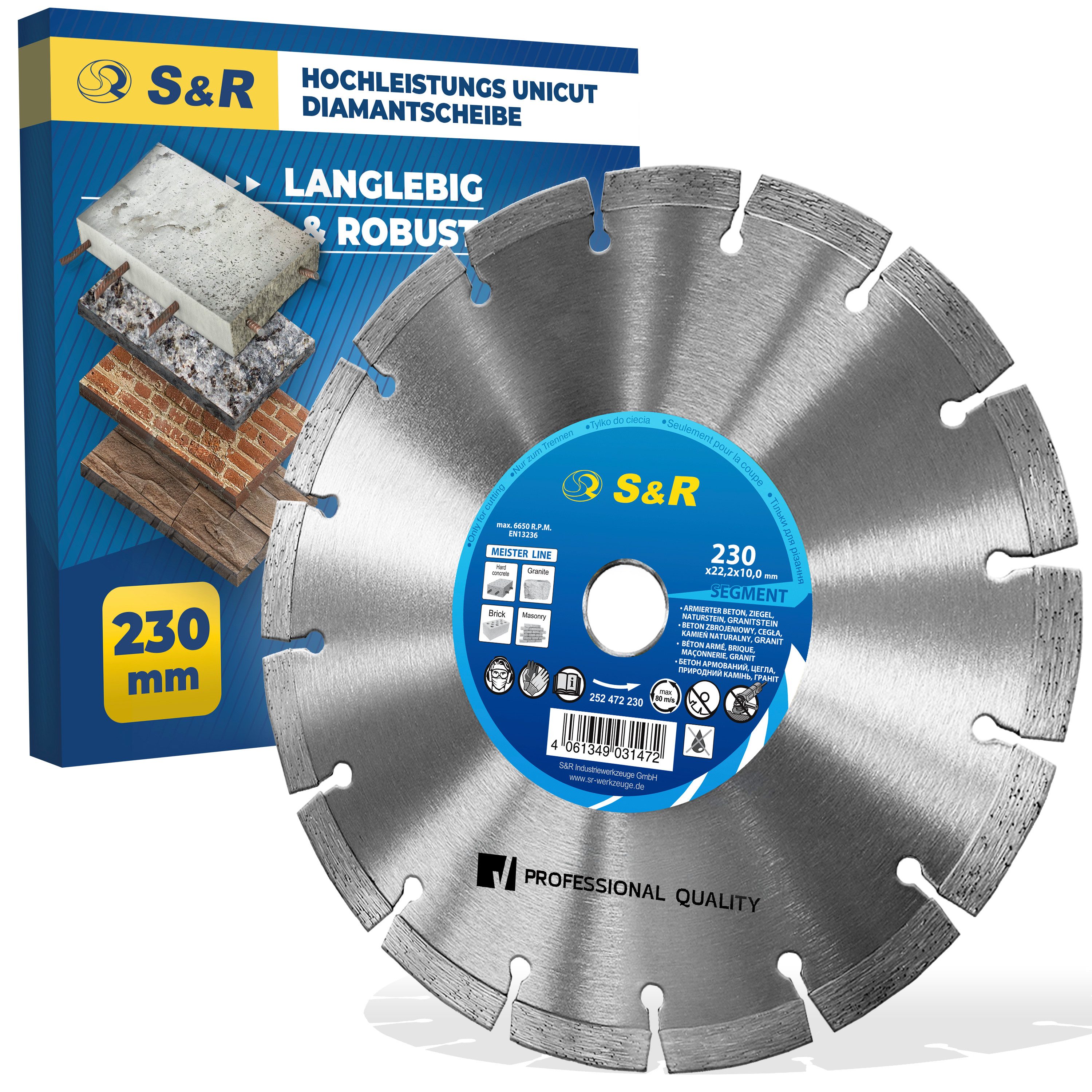 S&R Diamanttrennscheibe PREMIUM, Trennscheibe 230 x 22,2 x 10 x 2,6mm, lasergeschweißt zum, Ø 230 mm, Schneiden von Beton, armierter Beton, Granit, Naturstein, Ziegel