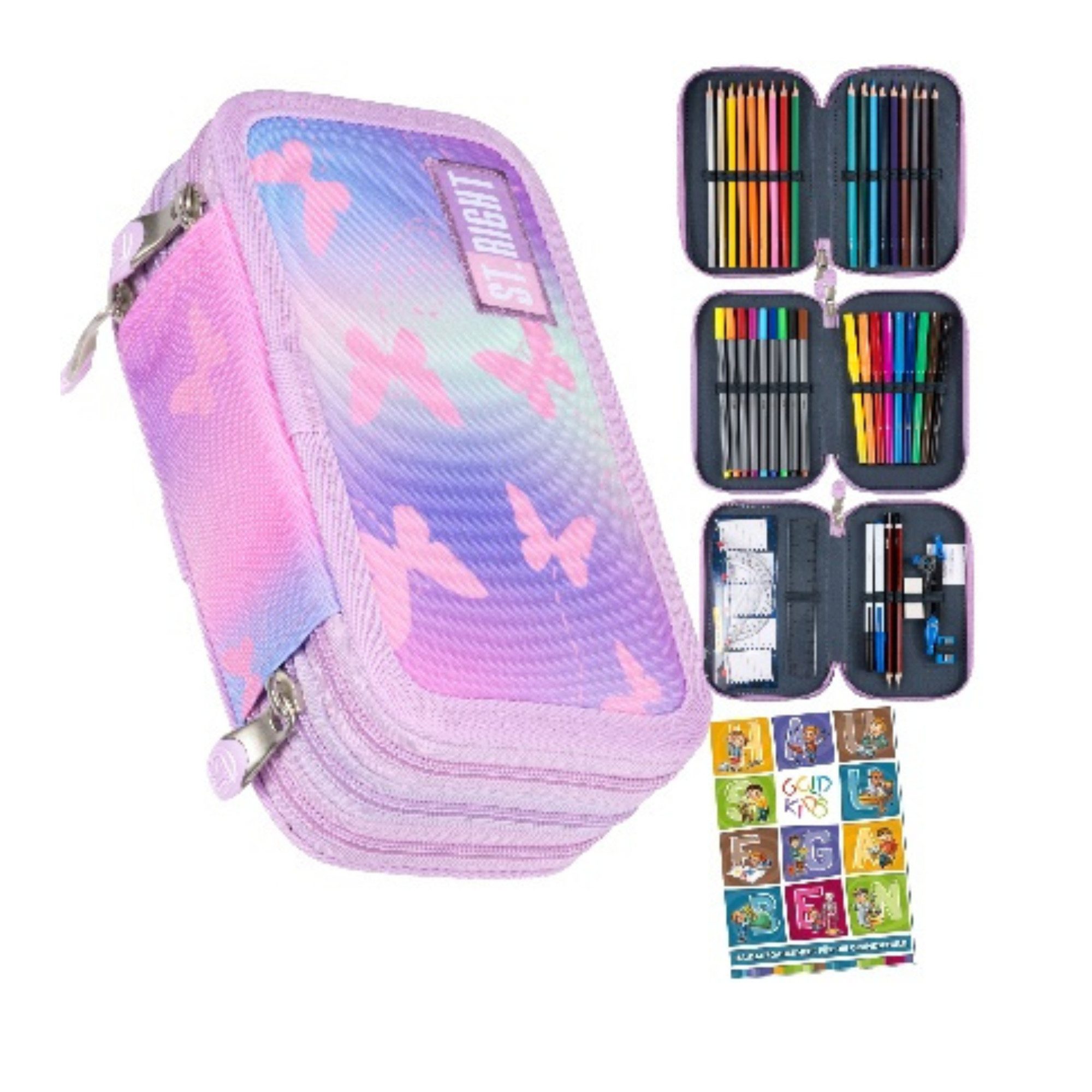 GOLDKIDS Federmäppchen 3 Fächer - Mäppchen für Mädchen und Jungen -, (Federmappe 3-Fach Federtasche, 46-teilig Gefüllte Schüleretui), Hausaufgabenheft