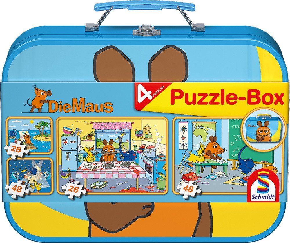 Schmidt Spiele Puzzle 2 x 26 + 2 x 48 Teile Die Maus Puzzle-Box Metallkoffer 55597, 26 Puzzleteile