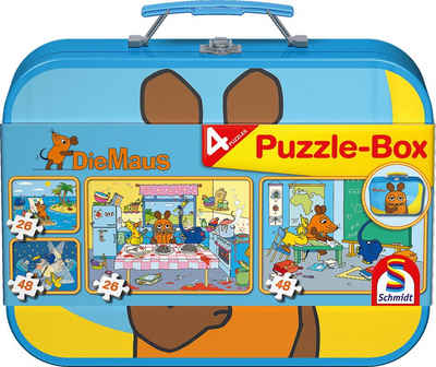 Schmidt Spiele Puzzle 2 x 26 + 2 x 48 Teile Die Maus Puzzle-Box Metallkoffer 55597, 26 Puzzleteile