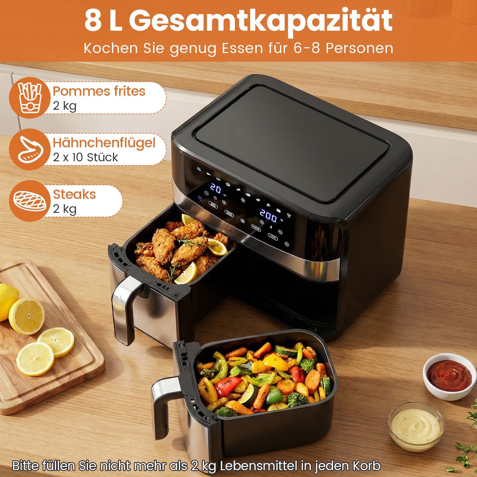 COSTWAY Heißluftfritteuse mit 2 Kammern, Airfryer mit 10 Programme, 2100 W