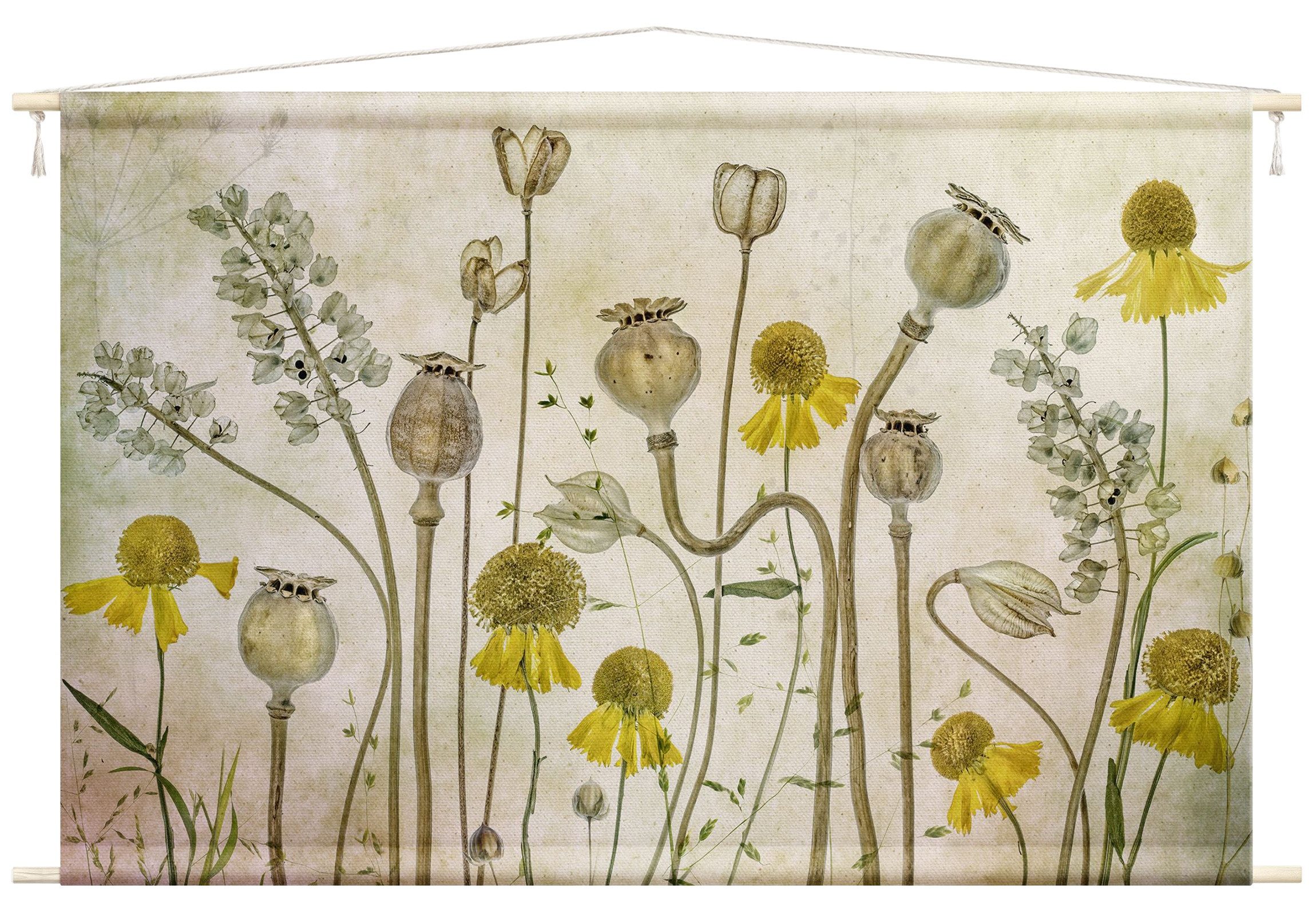 Bilderdepot24 Wandteppich modern Blumen Mohnblume Botanik Vintage beige, rechteckig, Höhe: 2.6 mm, großes Wandbild aus Natur-Baumwolle Wandbehang Stoffbild Tuch Wollseil