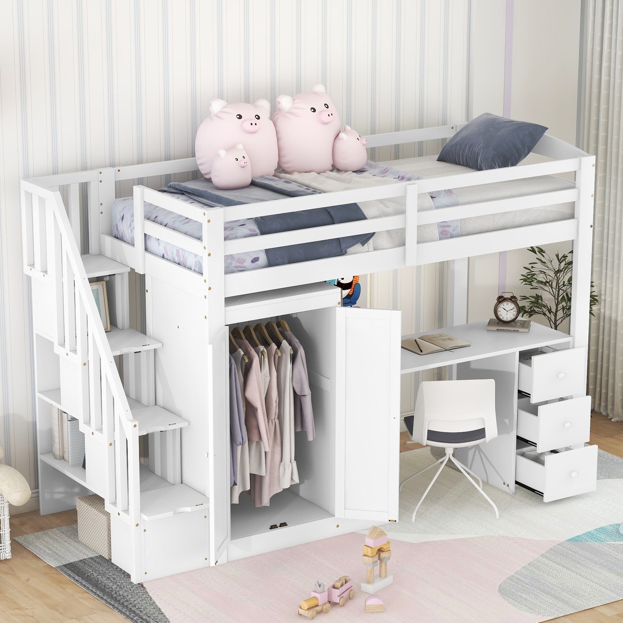 Odikalo Kinderbett Hochbett, Kleiderschrank Treppe Schreibtisch Schubladen,  weiß, 90x200