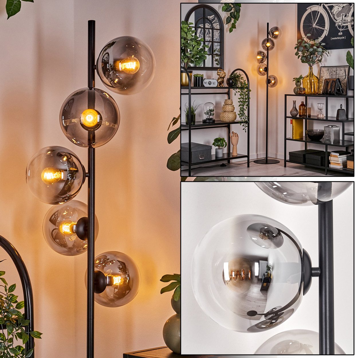 hofstein Stehlampe Stehlampe aus Metall/Glas in Schwarz/Rauchfarben/Klar, ohne Leuchtmittel, Leuchte mit Glasschirmen (15cm),Schalter, 5 x E14, ohne Leuchtmittel