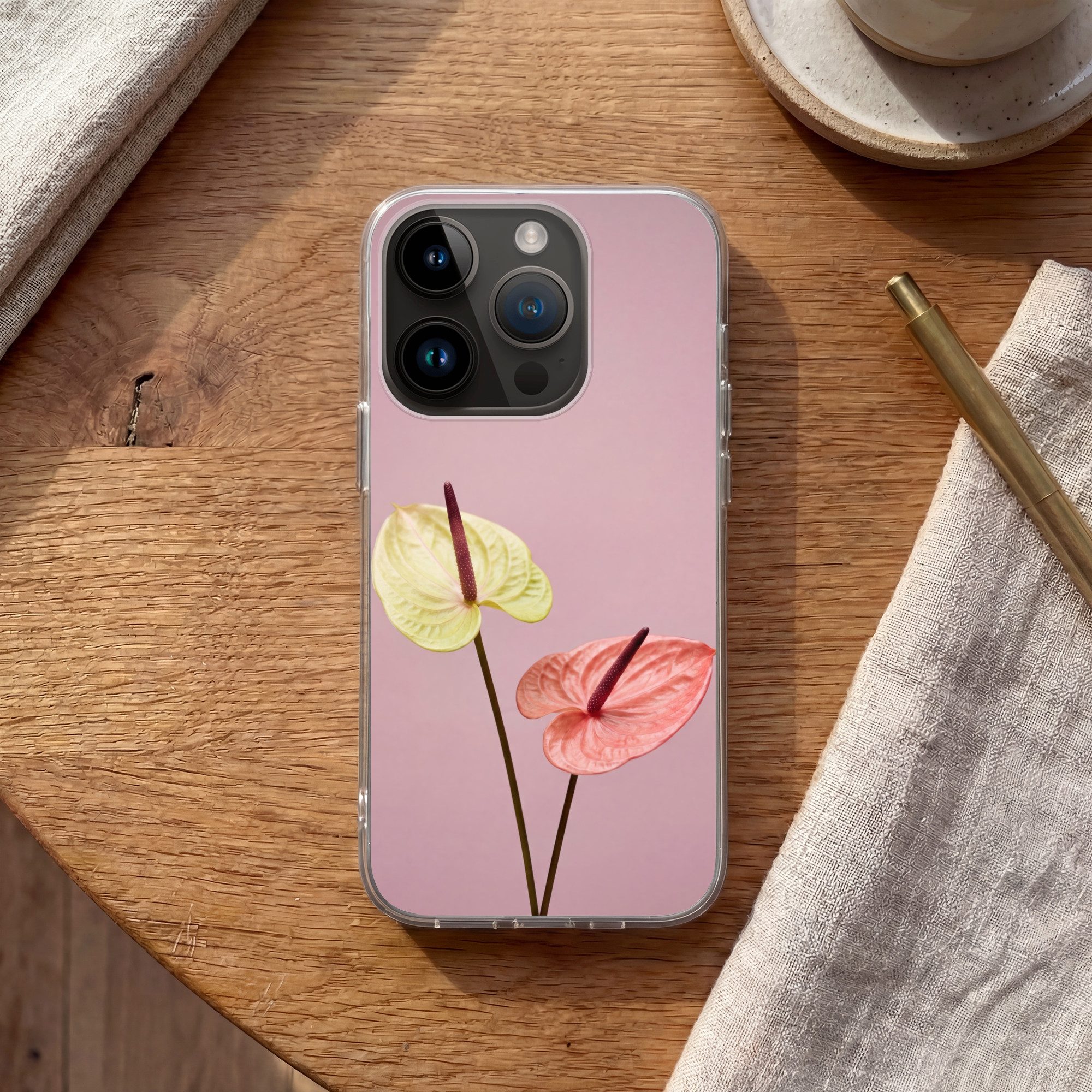 MuchoWow Handyhülle für Apple iPhone 14 Pro Blumen - Anthurien - Gelb - Rosa, Smartphone-Bumper, Print, Handy Schutzhülle Dünn