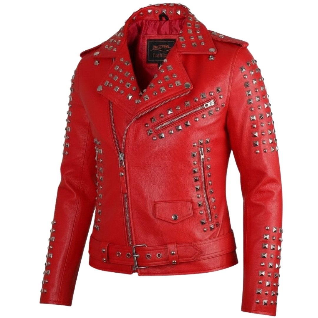 MDM Lederjacke Herren Lederjacke Rot Echtleder mit Nieten Rocker Punk Jacke Nietenbesatz