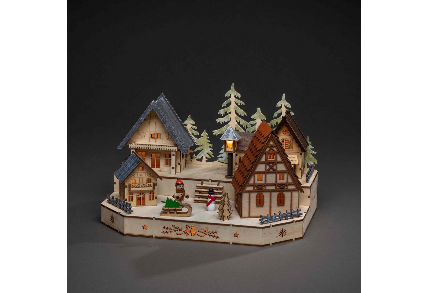 KONSTSMIDE Weihnachtsdorf, LED Holzsilhouette, Dorf mit Schneemann, Kind und Schlitten-HomeTrends