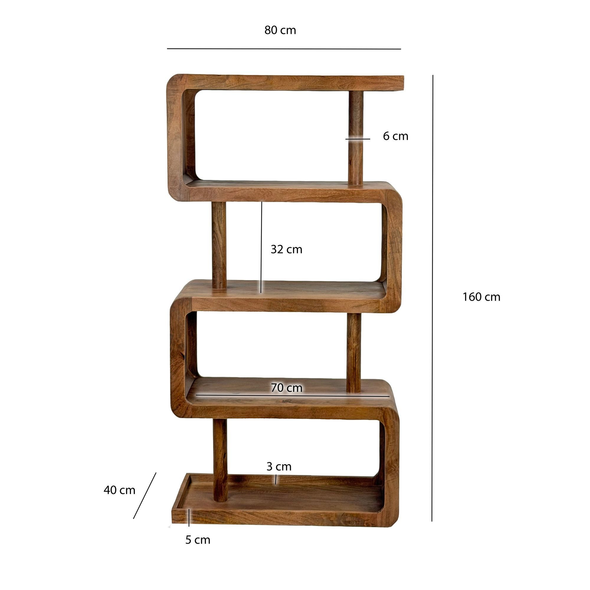 FINEBUY Bücherregal FB114489 Standregal 160cm Massivholz Stauraumregal Wohnregal Dekoregal, Natürliche Maserung mit warmer Ausstrahlung, Geschwungene Linien mit modernem Charakter