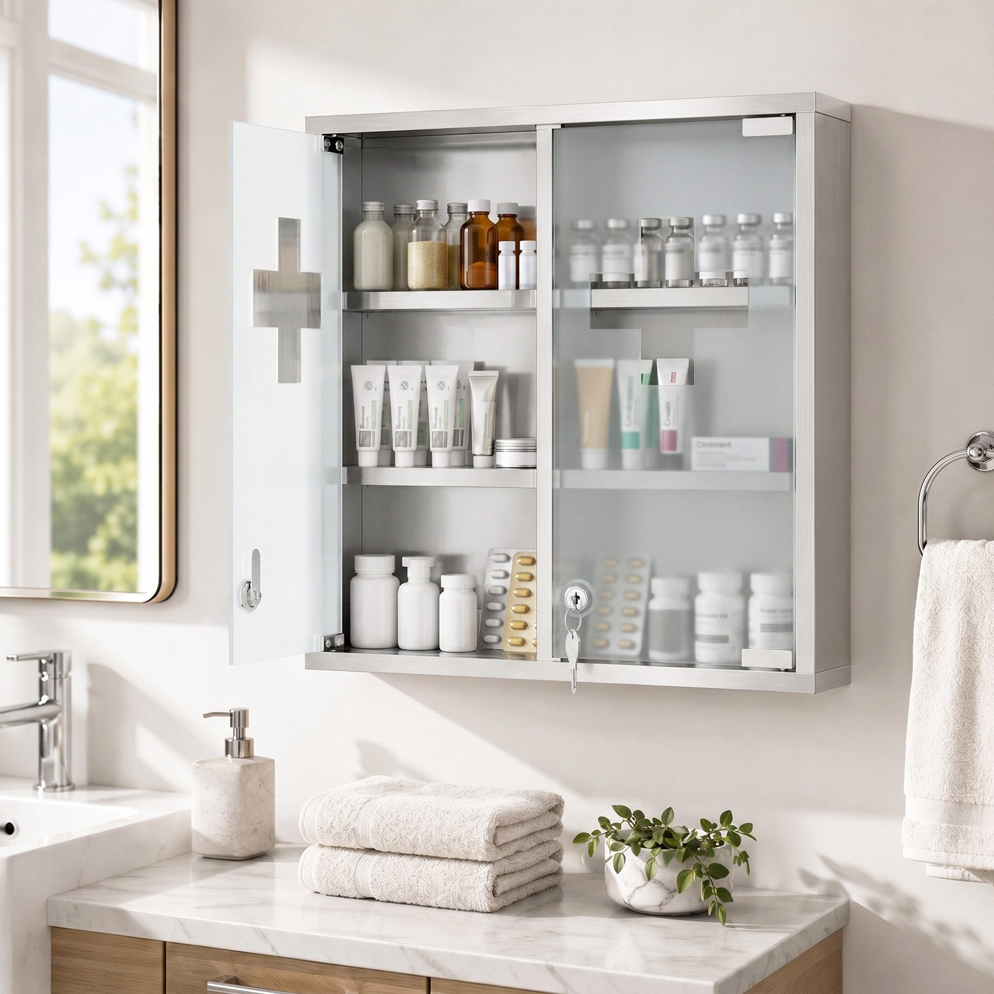 HOMCOM Medizinschrank mit 2 Schlüsseln (Set, 1-St., 1er Set) abschließbar, 6 Fächer, Milchglas