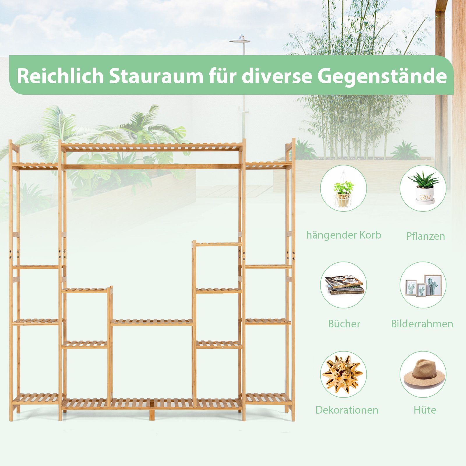 Bambus 9 mit Hängegestell, & 167x30x166cm Ebenen COSTWAY Pflanzentreppe, aus