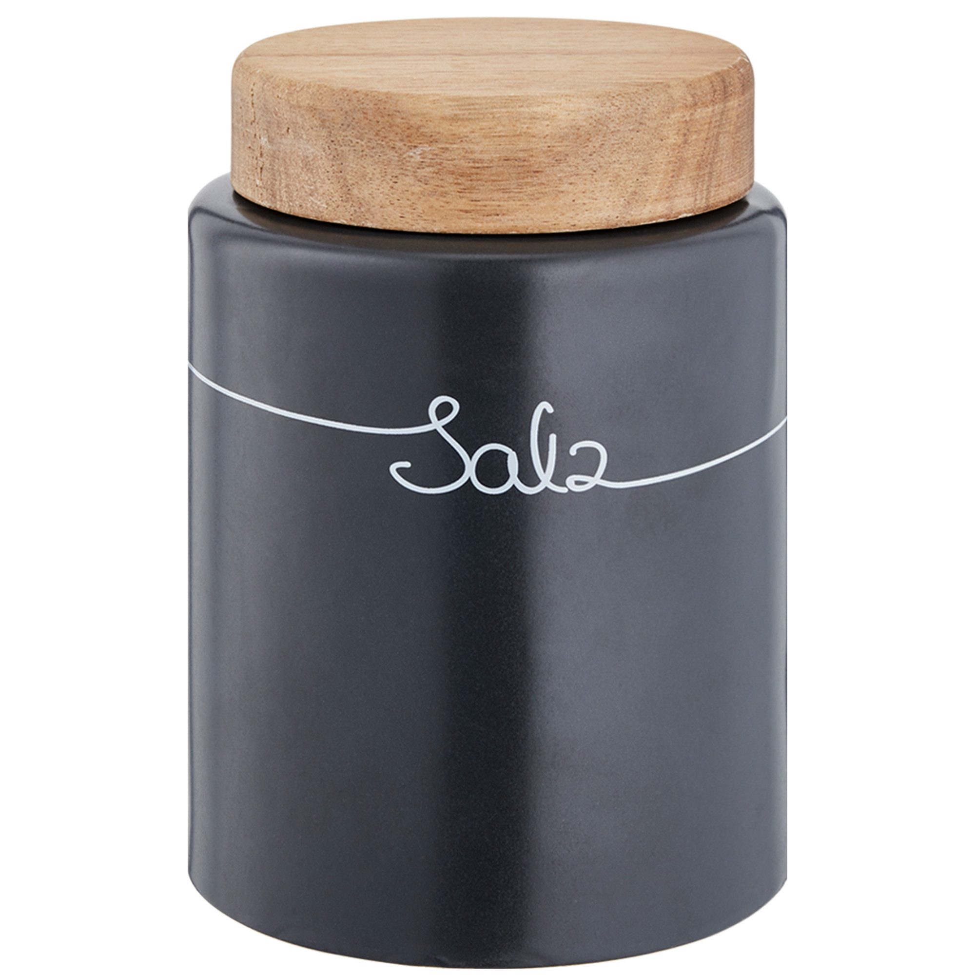 KHG Vorratsdose für Salz aus Steinzeug mit Akazienholz‑Deckel – luftdicht & dekorativ, Steingut, Luftdichte Aufbewahrungsdose für Salz, schützt Aroma und hält trocken