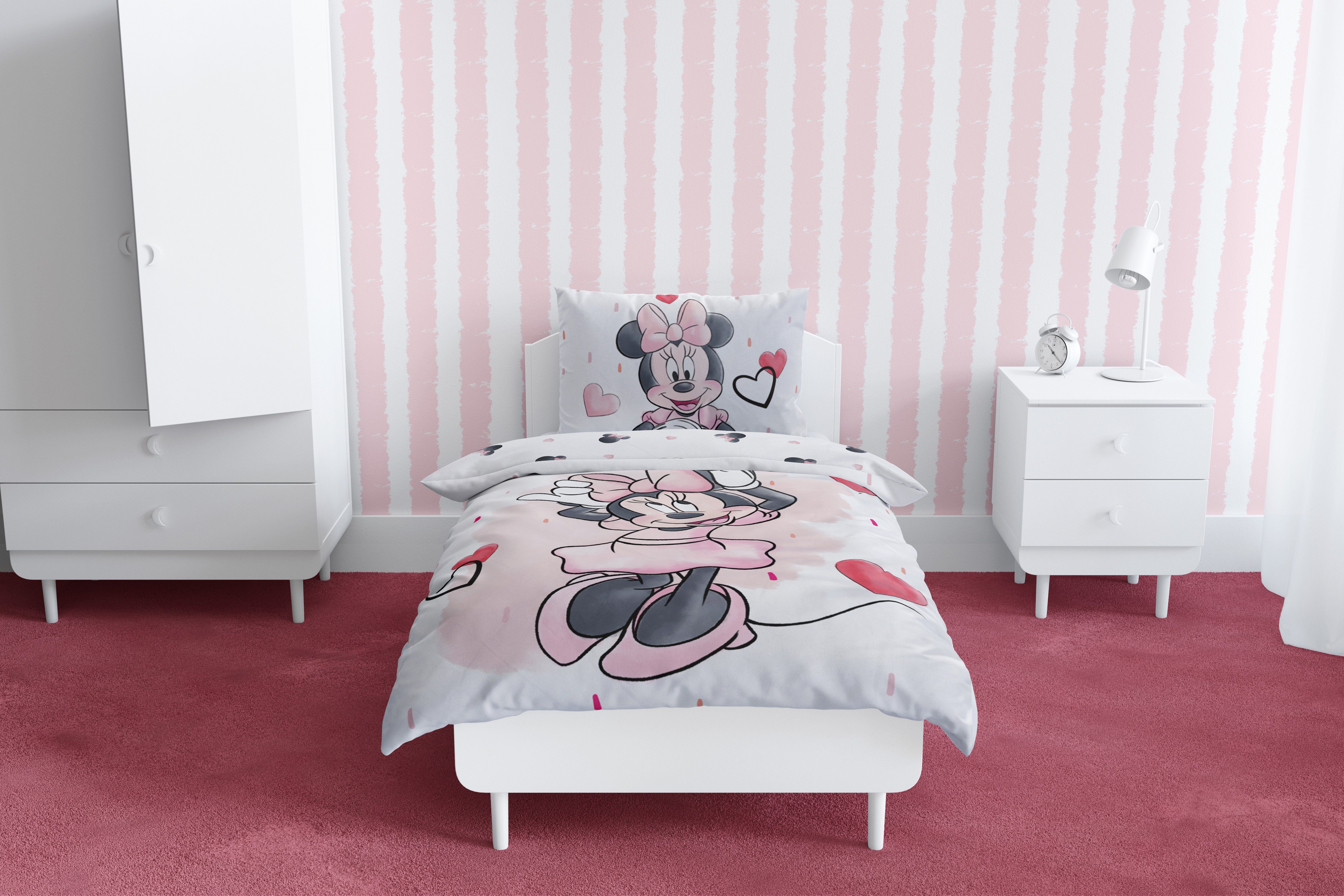 MTOnlinehandel Babybettwäsche Minnie Mouse 100x135 + 40x60 cm, 100 % Baumwolle, Biber, 2 teilig, süße Disney Minnie Maus mit vielen Herzchen in rosa, weiß & rot