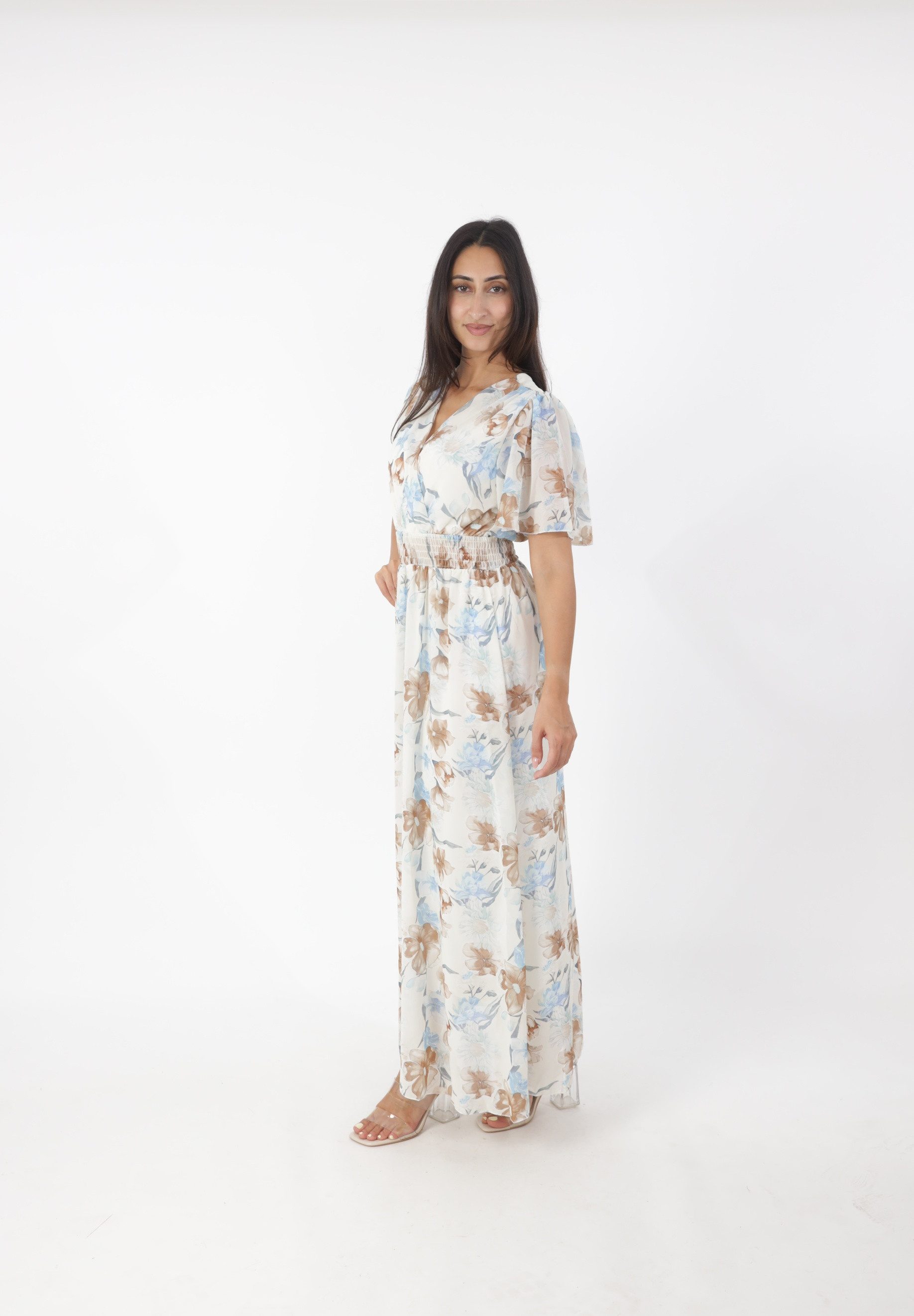 Elara Maxikleid — Damen Sommerkleid mit Blumenmuster, V-Ausschnitt und Volantärmeln
