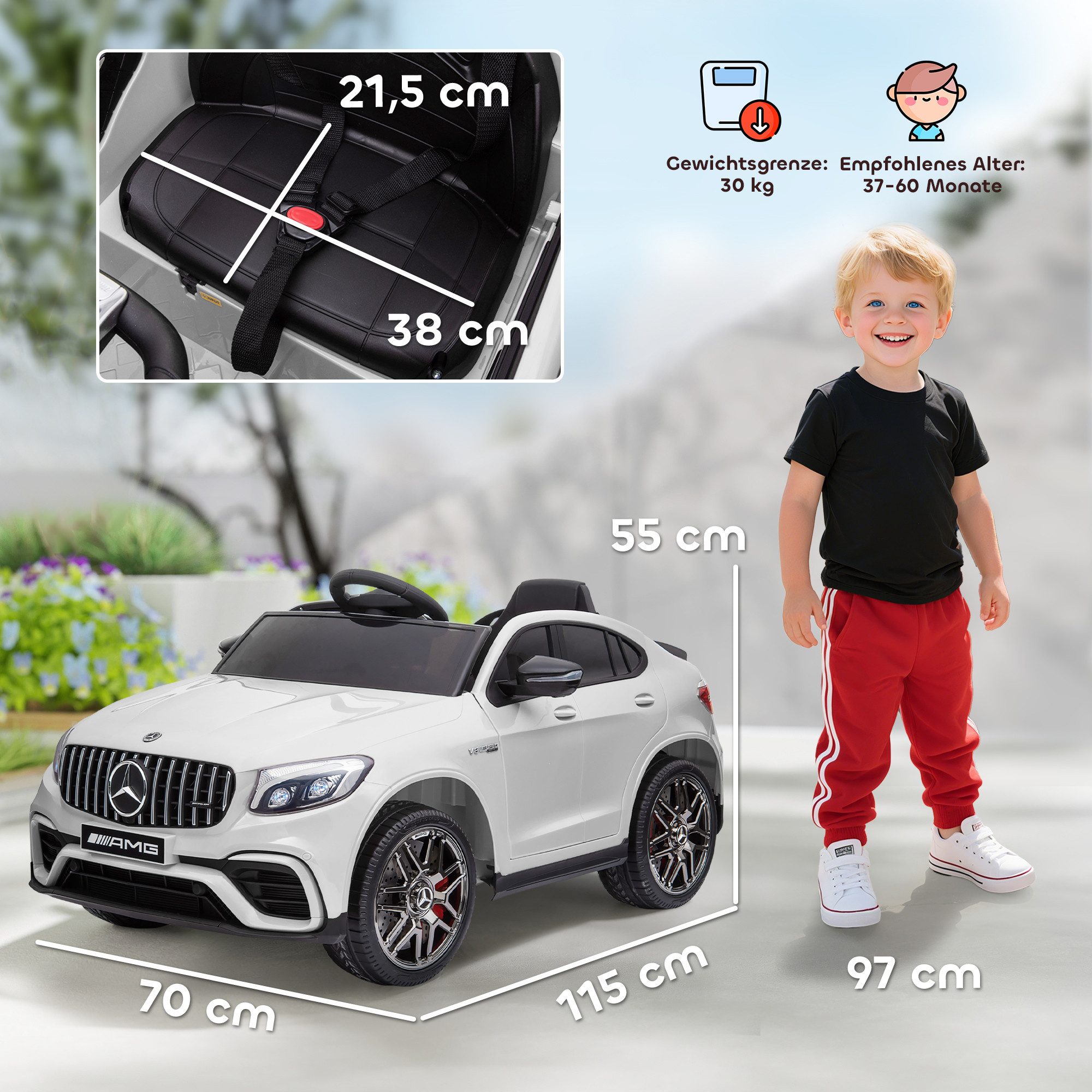 HOMCOM Elektro-Kinderauto Kinder 12V Kinderauto mit 2,4 G Fernbedienung, 2 Motor, Belastbarkeit 30 kg, (1-tlg), für Kinder, Weiß