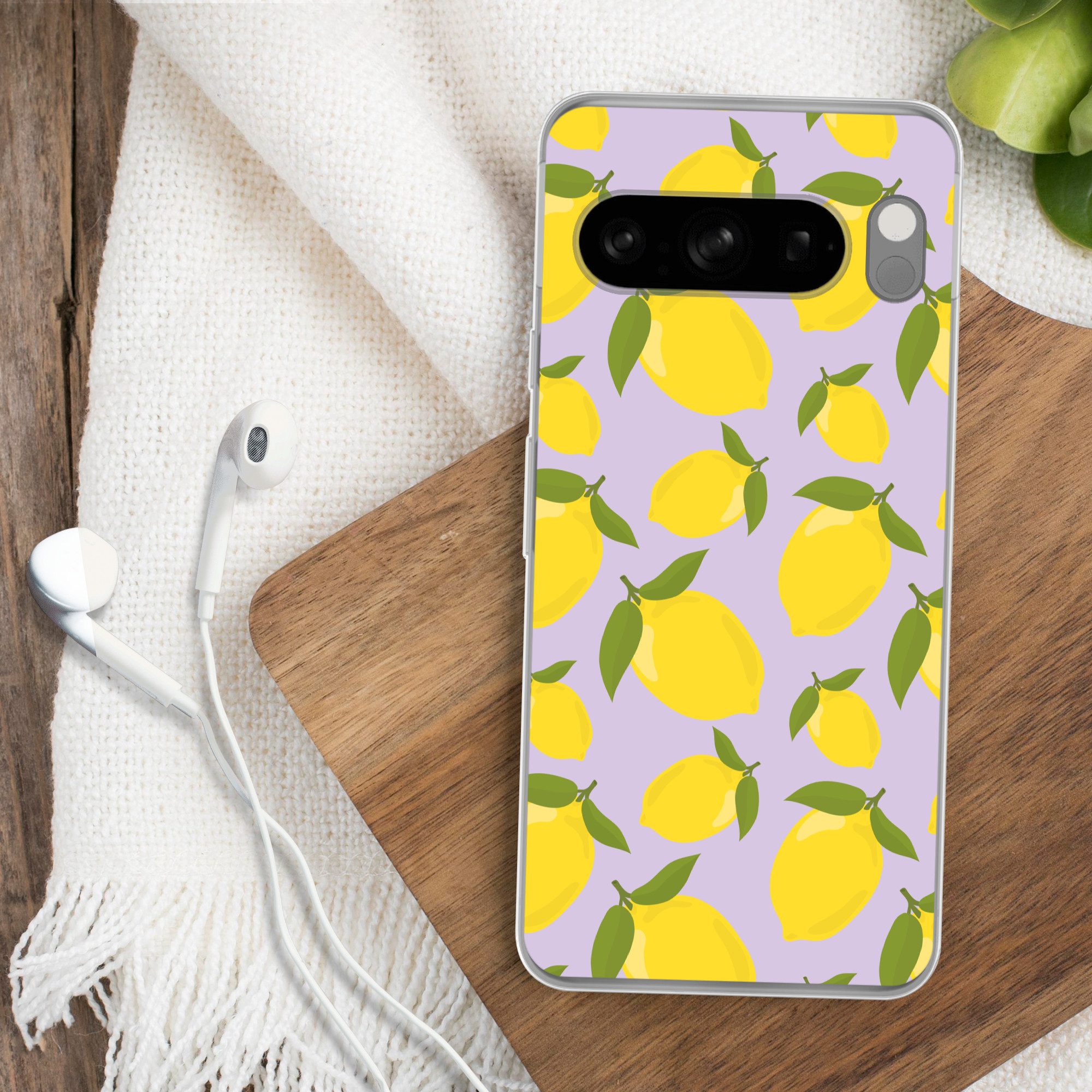 MuchoWow Handyhülle für Google Pixel 8 Pro Muster Zitronen - Gelb - Lila - Muster - Frücht, Phone Case, Silikon, Schutzhülle Dünn