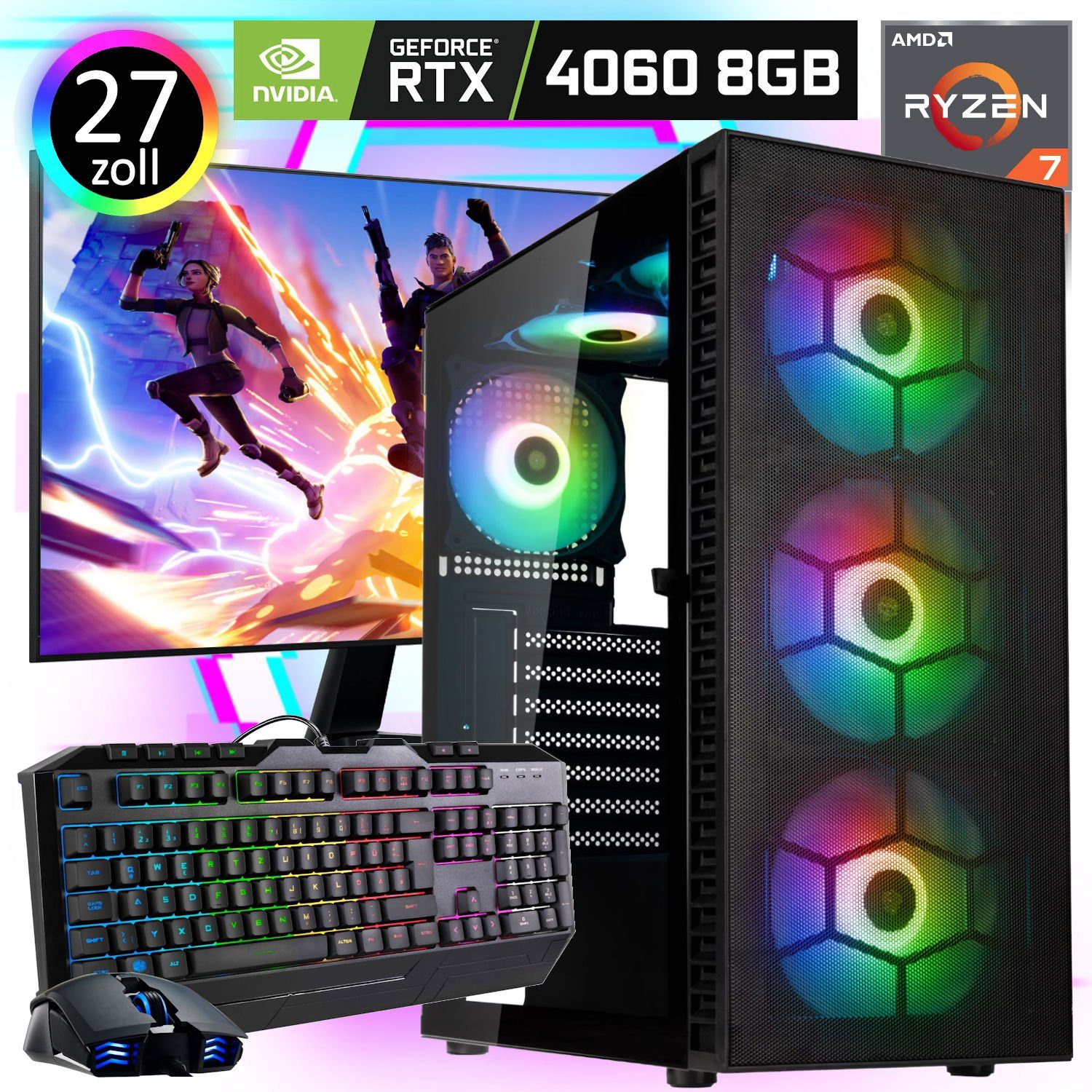 Meinpc 2K-Set 4060 RTX Nvidia AMD GeForce Gaming-PC-Komplettsystem SSD, RTX 7 5700X, 8GB, Gaming, Ryzen Pro) Ryzen Windows 11 (27,00\
