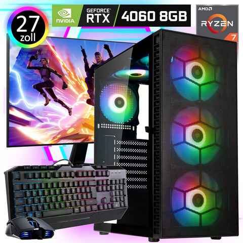 Meinpc 2K-Set Ryzen 7 RTX 4060 Gaming-PC-Komplettsystem (27,00", AMD Ryzen 7 5700X, Nvidia GeForce RTX 4060 8GB, 32 GB RAM, 1000 GB SSD, Gamer, Gaming, RGB, Windows 11 Pro)
