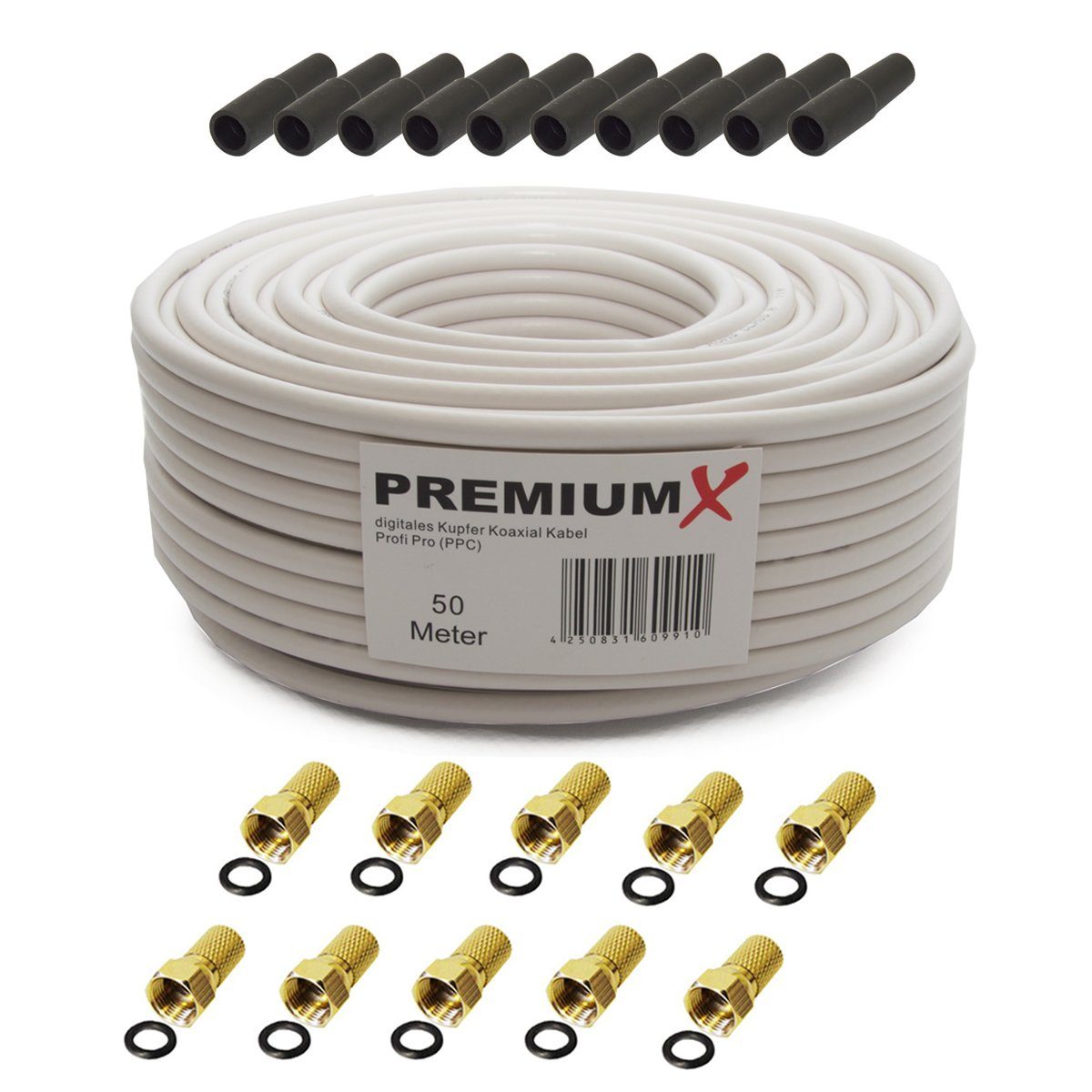PremiumX PROFI PRO Kupfer Koaxial Kabel 50m Antennenkabel + 10x F-stecker 8 mm SAT-Kabel