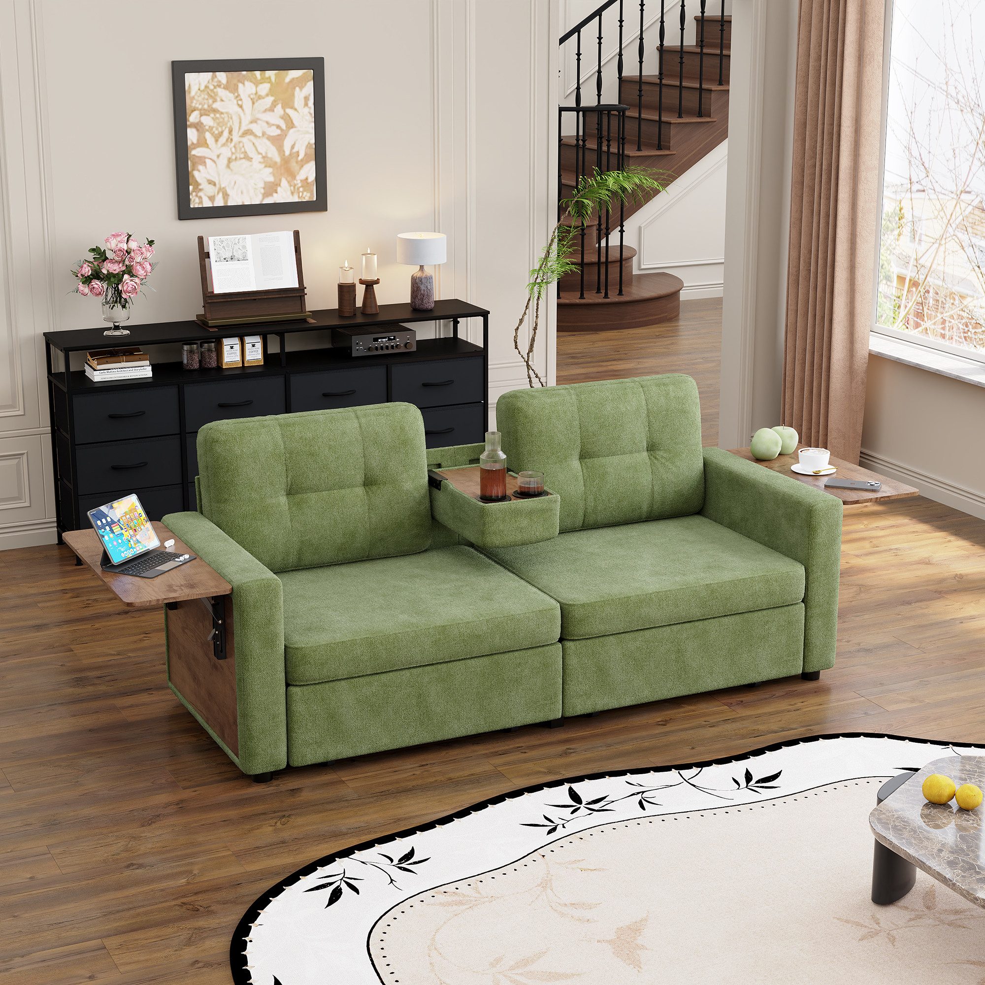 Odikalo Loungesofa 2-Sitzer-Chenille Sofa mit Staufächern und verstellbarer Sitzfläche, sofas wohnzimmer ausgestattet mit einem ausklappbaren Laptop-Tisch und Getränkehaltern, stoffsofa für das Wohnzimmer, 178 L x 71 B x 57,5 H (cm)