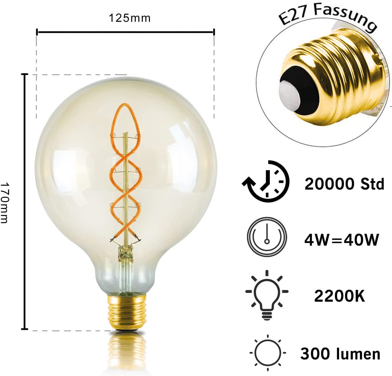 Nettlife LED-Leuchtmittel LED E27 4W Edison Globelampen G125, E27, 1 St.