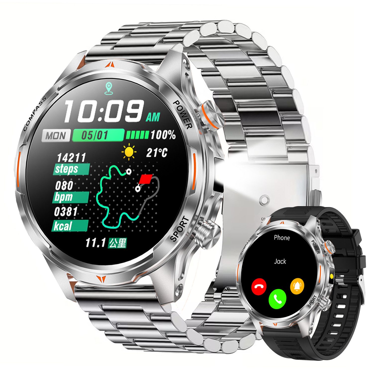 ANYSUN Smartwatch Herren,Sportuhr mit LED Taschenlampe & Kompass, Smartwatch (1,7 Zoll) IP68 Wasserdicht,100+ Sportmodi,mit Bluetooth,Fitness Tracker, Puls-SpO2-Schlaf-Monitor,Schrittzähler,2 Armbändern,für Android iOS