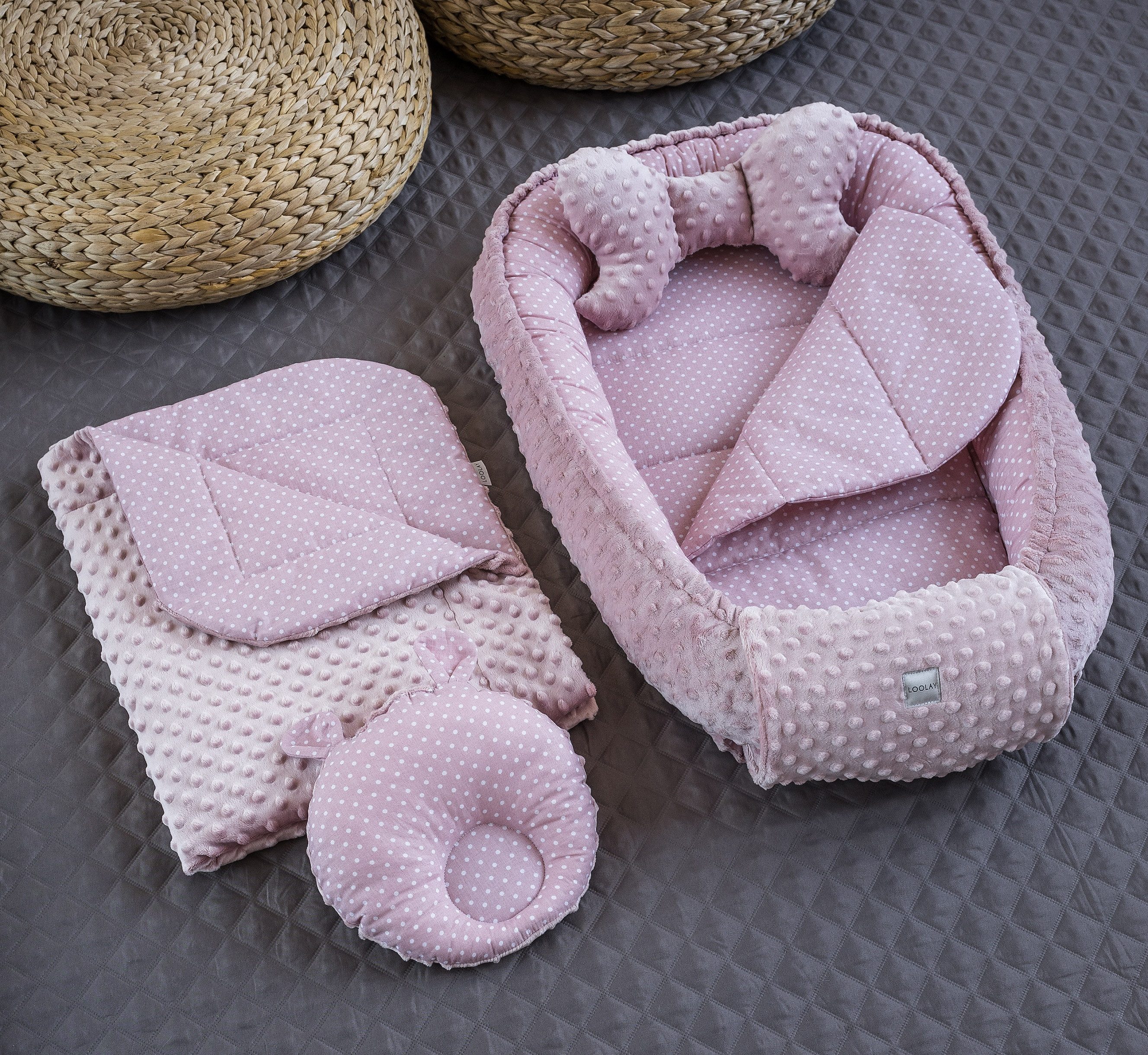 Bettnestchen Punkte ROSA/ MINKY Altrosa 5 TLG SET Babynest Babyausstattung