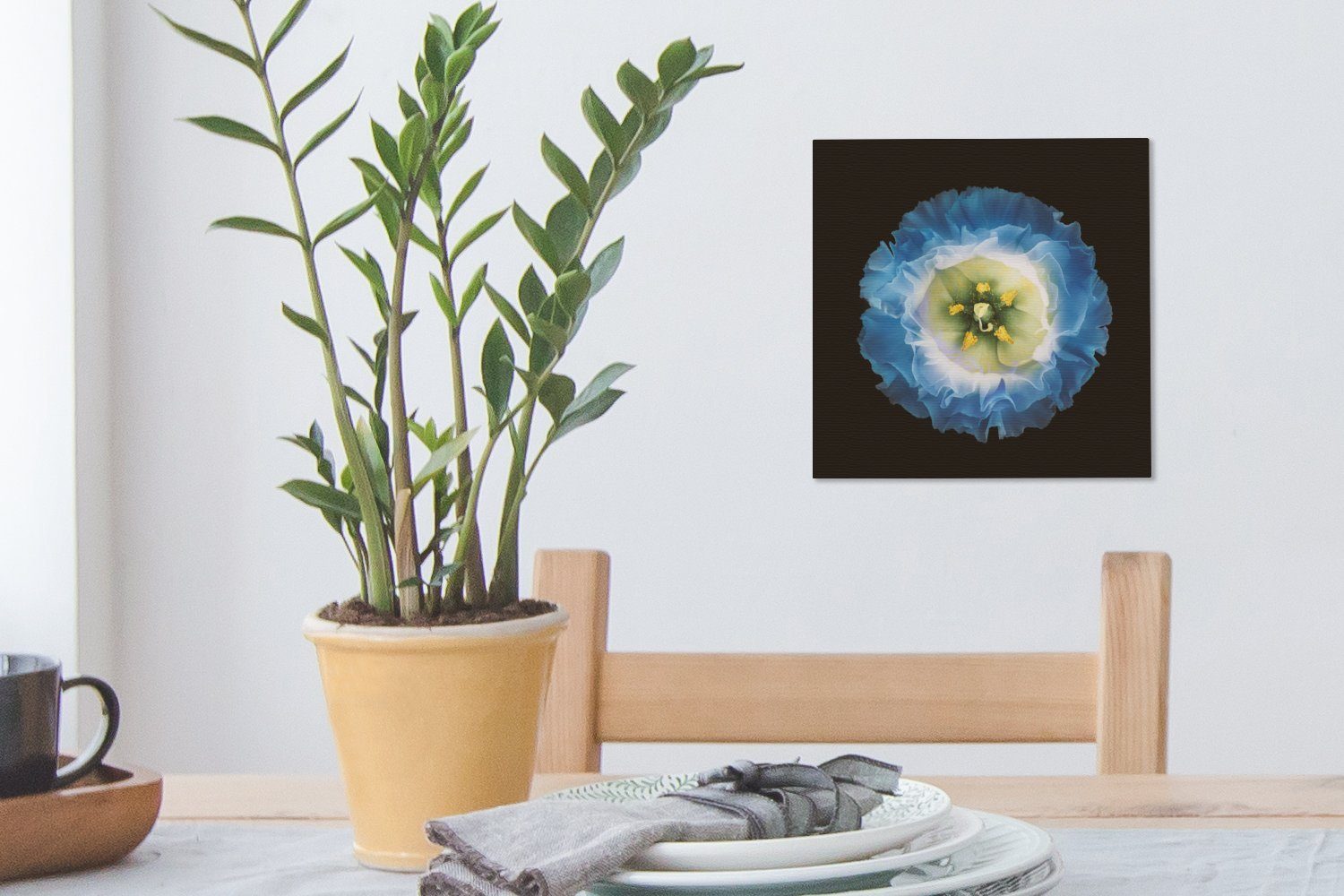 Eine Nahaufnahme OneMillionCanvasses® einer für (1 Leinwand Wohnzimmer Schlafzimmer blauen auf Blume Bilder schwarzem Leinwandbild St), Hintergrund,