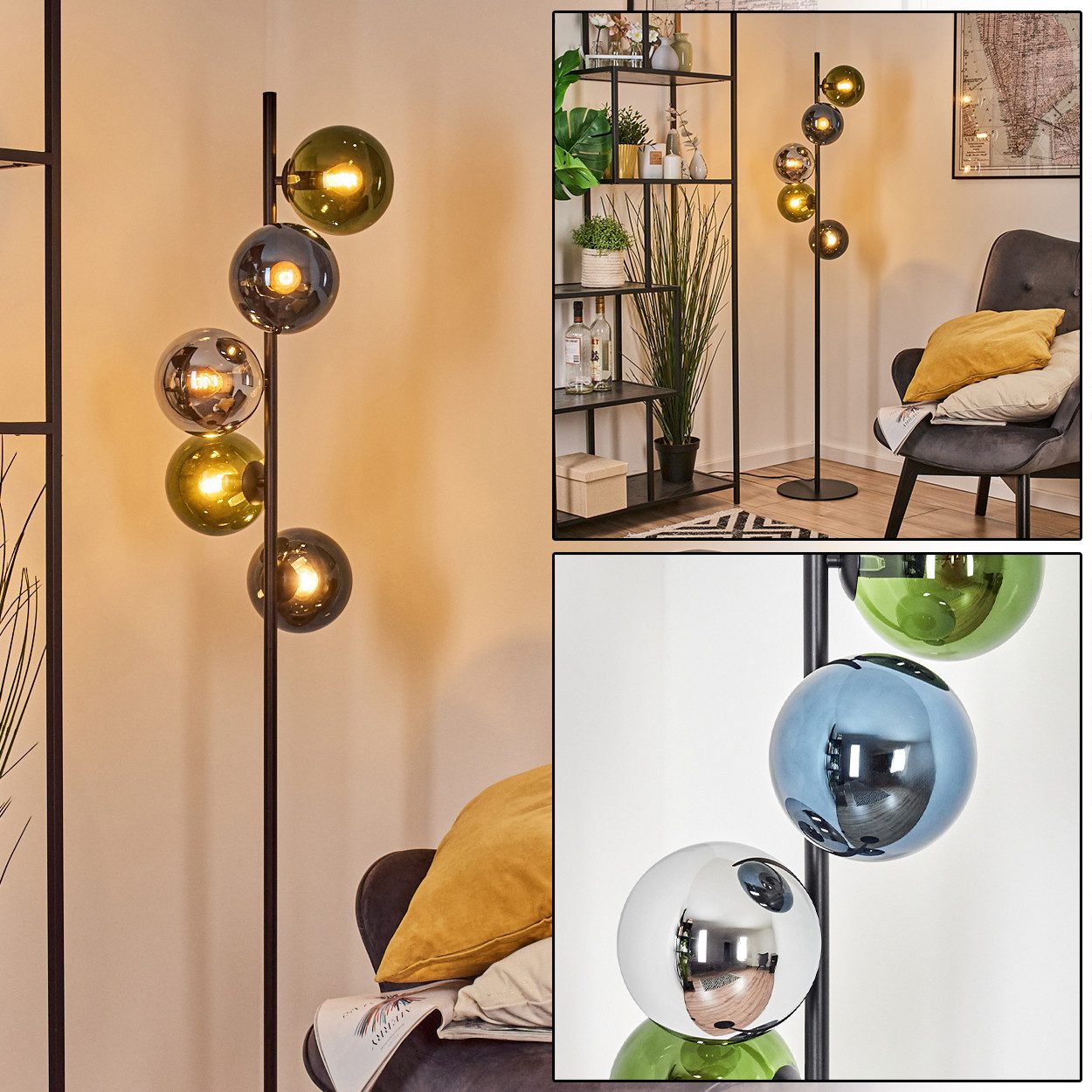 hofstein Stehlampe Stehlampe aus Metall/Glas in Schwarz/Blau/Grün/Chrom/Rauch, ohne Leuchtmittel, Stehleuchte im Retro/Vintage-Design mit Fußschalter, 160 cm, 5 x E14