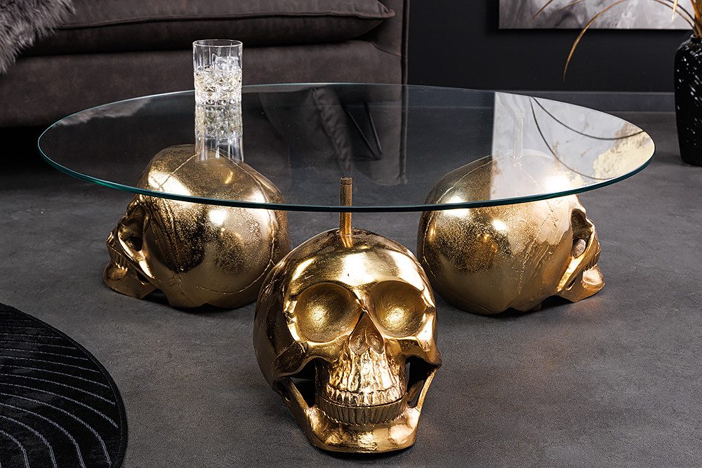 riess-ambiente Couchtisch SKULL XXL 90cm gold Glas rund – Totenkopfgestell, Metall handmade (Einzelartikel, 1-St), Statement Piece, Modern Design, Dekoration, für Wohnzimmer