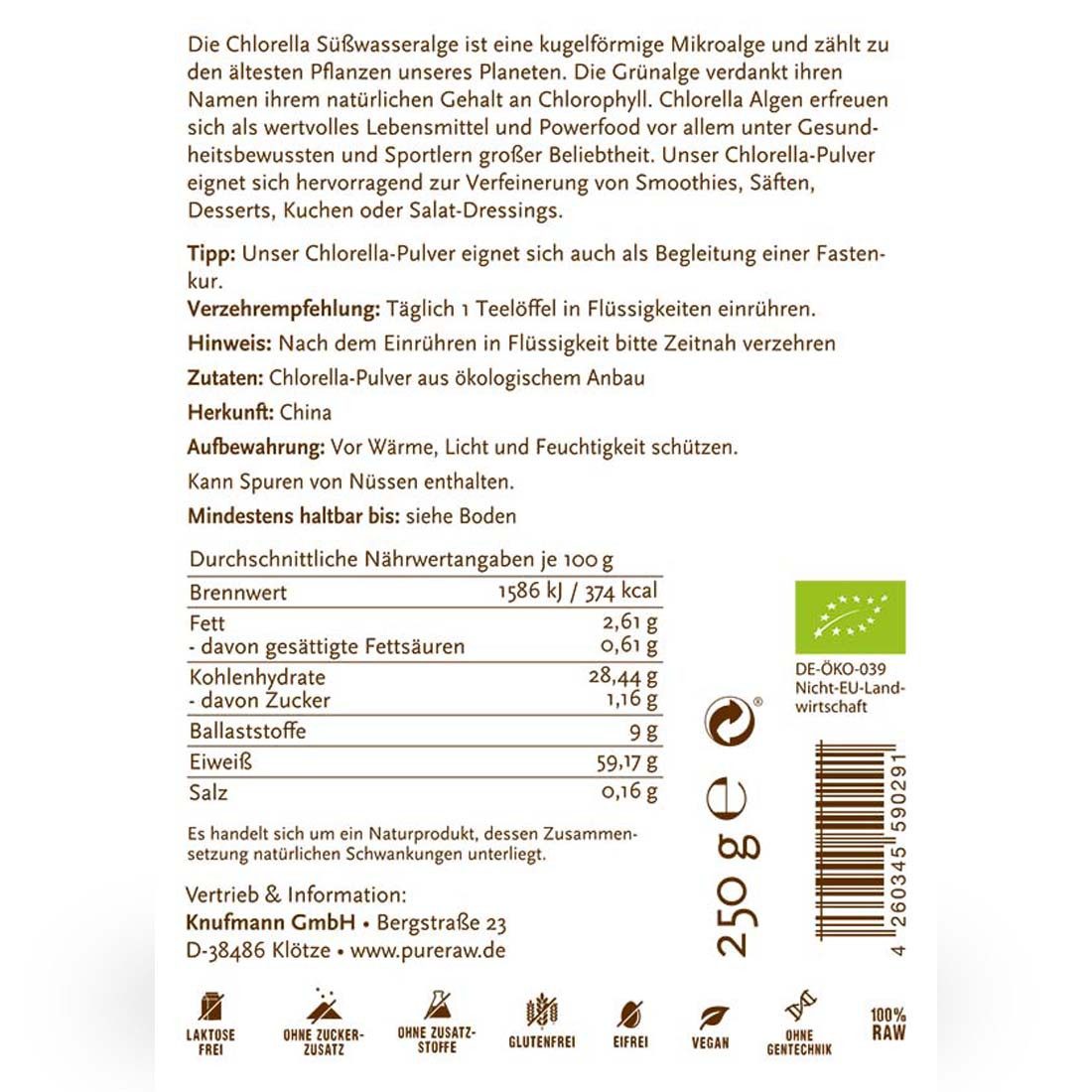 PureRaw Bio Chlorella Pulver – 100 % Chlorella vulgaris, Rohkostqualität Pulver, 250 g