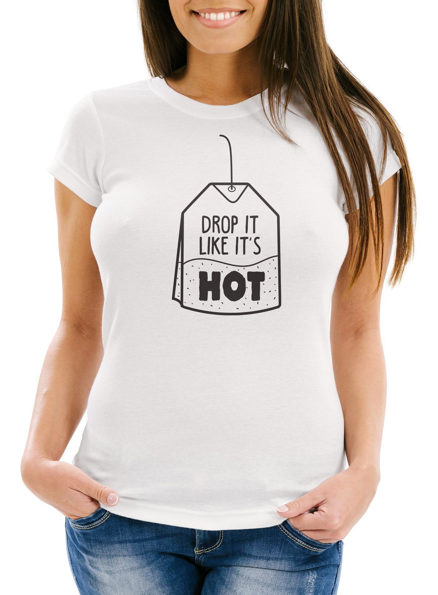 MoonWorks Print-Shirt Damen T-Shirt Spruch Drop it like it's hot Slim Fit Moonworks® mit Print