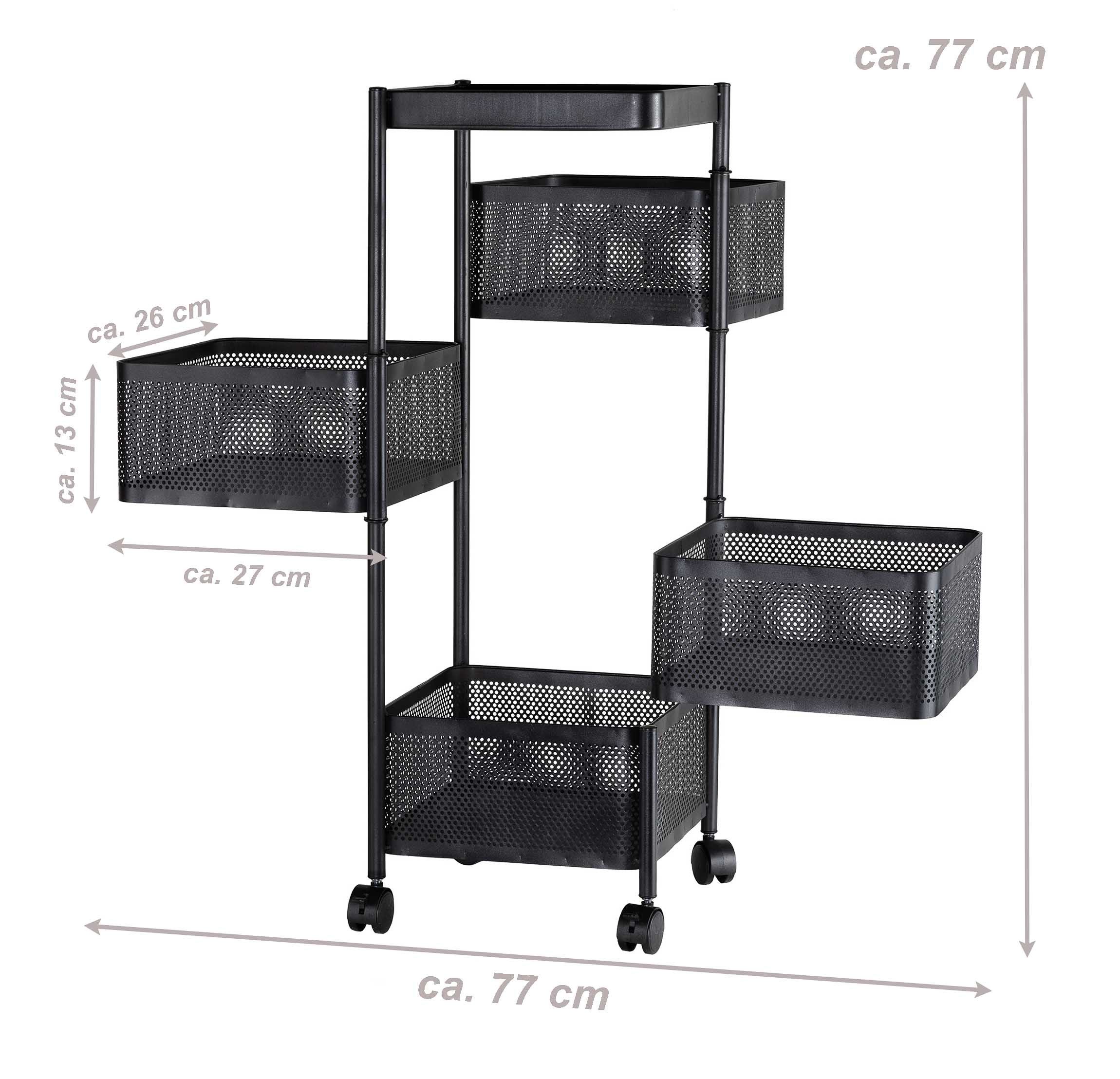 Bubble-Store Beistellwagen Küchentrolley, Küchenwagen mit 5 Ebenen, 3 drehbare Körbe, Bastelwagen, Servierwagen mit 4 Rollen 2 Feststellbremsen