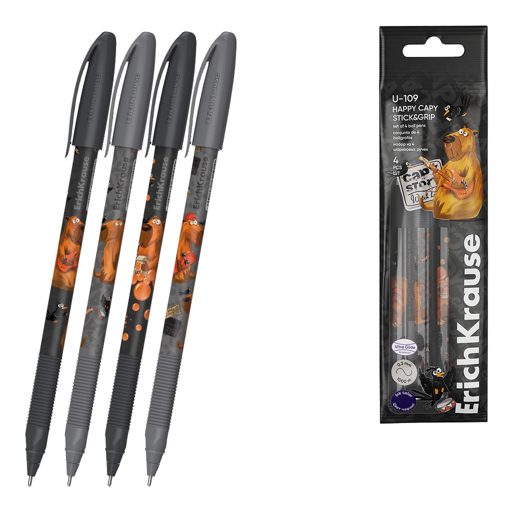 Erich Krause Kugelschreiber, Kugelschreiber U-109 Capybara Motiv 1,0mm 4er Set Blau