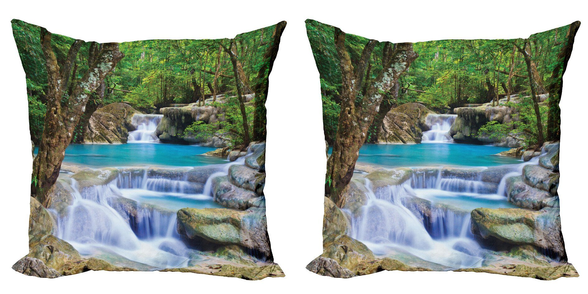 Kissenbezüge Modern Accent Doppelseitiger Digitaldruck, Abakuhaus (2 Stück), Natur Felsen in See mit Wasserfall