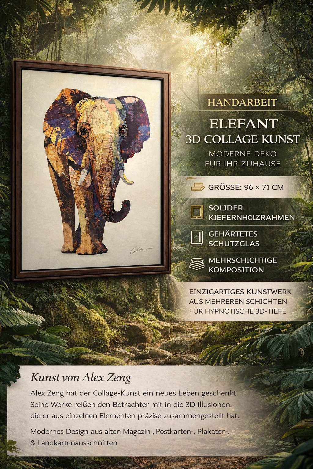 ROOGU Bilder-Collage ROOGU 3D Collage Kunst Art Wandbild Handgefertigt, Elefantengedächtnis