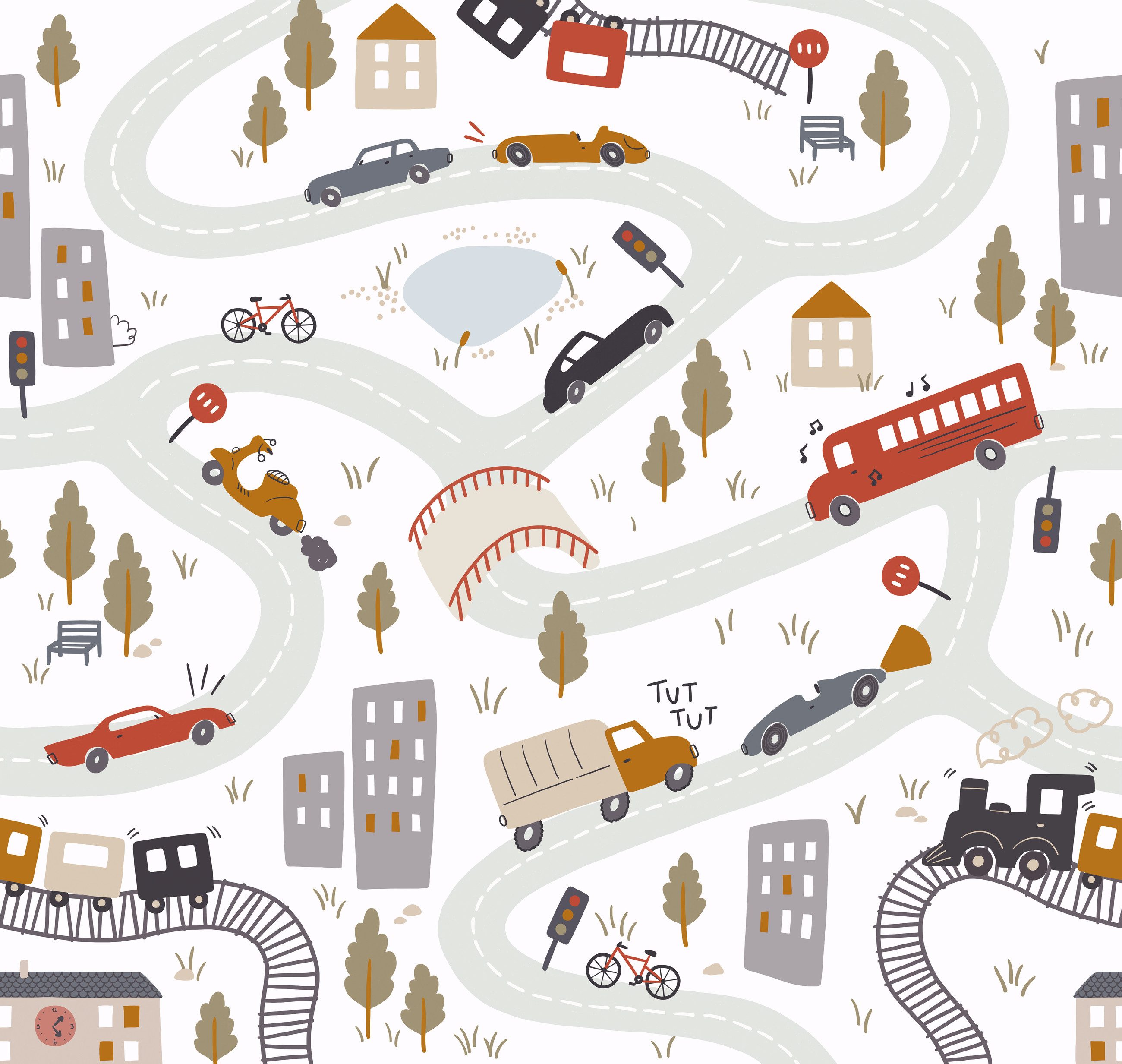 Rasch Fototapete Cars in Rot, Roomblush - RB383, glatt, Comic, grafisch, gemustert, mehrfarbig, urban, kindlich, (1 St), Kinderzimmertapete