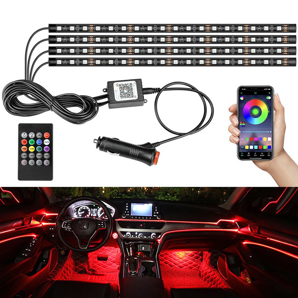 zggzerg LED Stripe LED-Innenbeleuchtung Auto, 4 LED Streifen mit APP und Fernbedienung, 4pcs 72 LED Streifen Atmosphäre Licht mit Zigarettenanzünder, 12V
