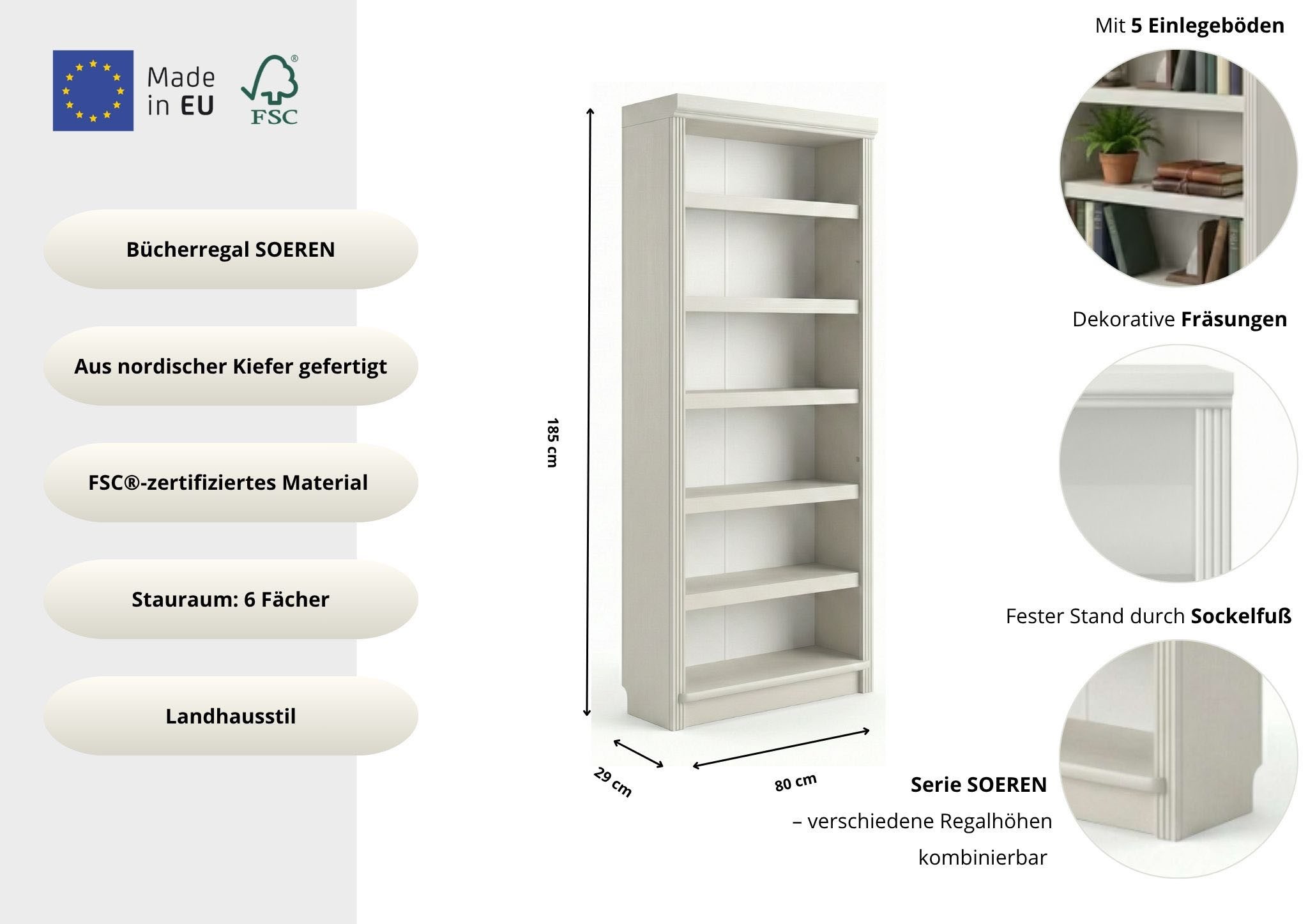 OTTO home Bücherregal Soeren Regal B/T/H: 80/29/185 cm, 6 Fächer, aus massiver Kiefer, FSC®-zertifiziert