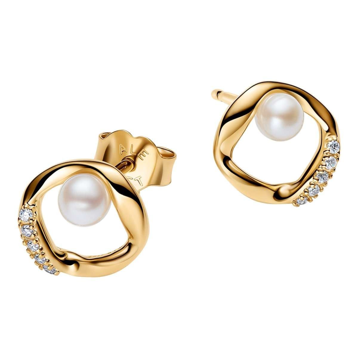 Pandora Paar Ohrstecker 264662C01, Damenohrringe Pavé-Kreis mit Perle Goldfarben