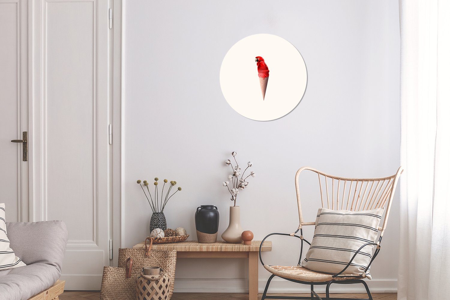 Eiscreme Weiß, St), 30x30 Papagei cm Wanddekoration - Rundes Forex, - - (1 MuchoWow Wohnzimmer, Wandbild, Gemälde Kreis Eistüten Rot -