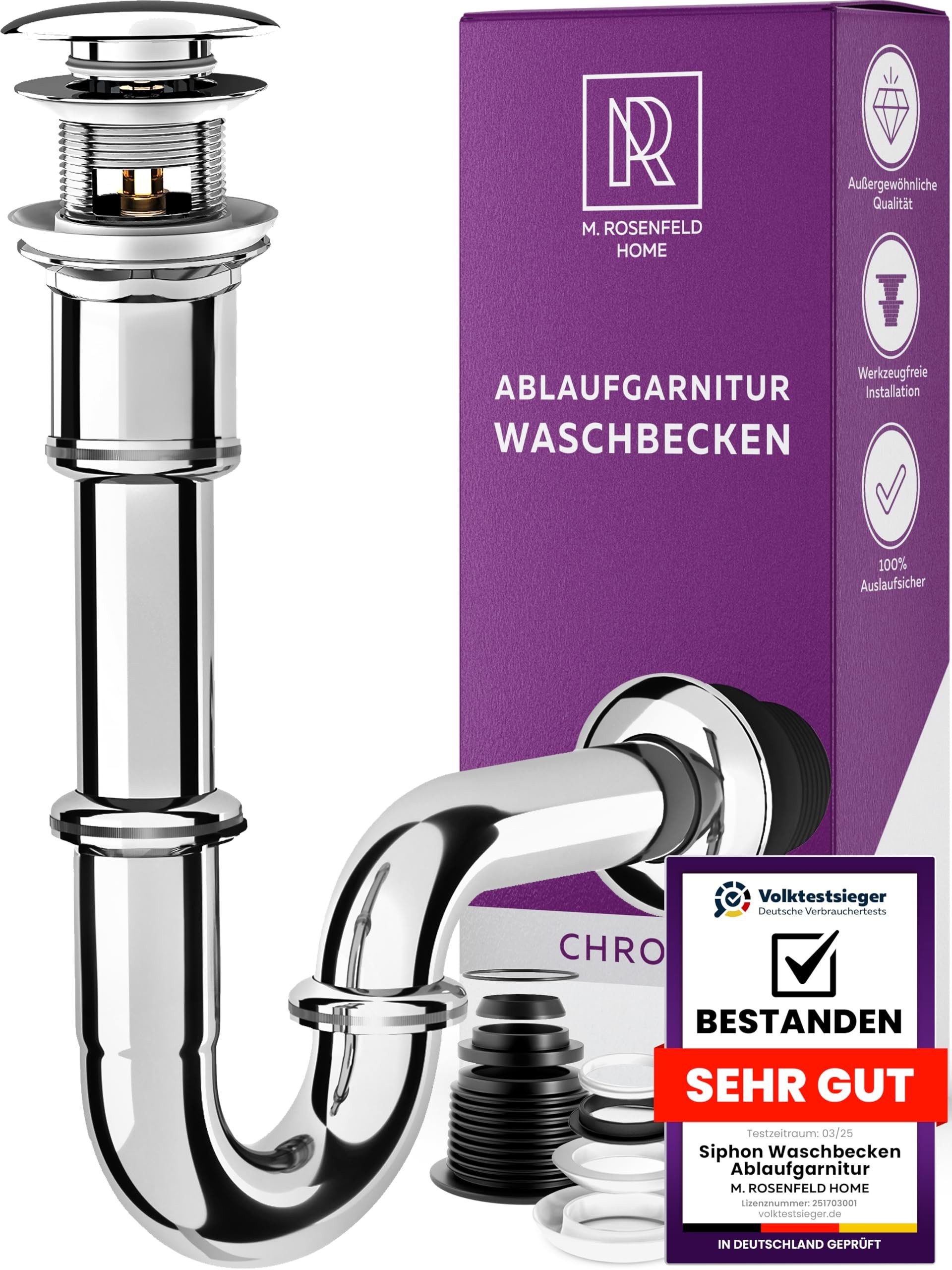 M. Rosenfeld Siphon Waschbecken Ablaufgarnitur mit Überlauf, Pop Up Ventil Waschtisch, Geruchsverschluss aus Edelstahl