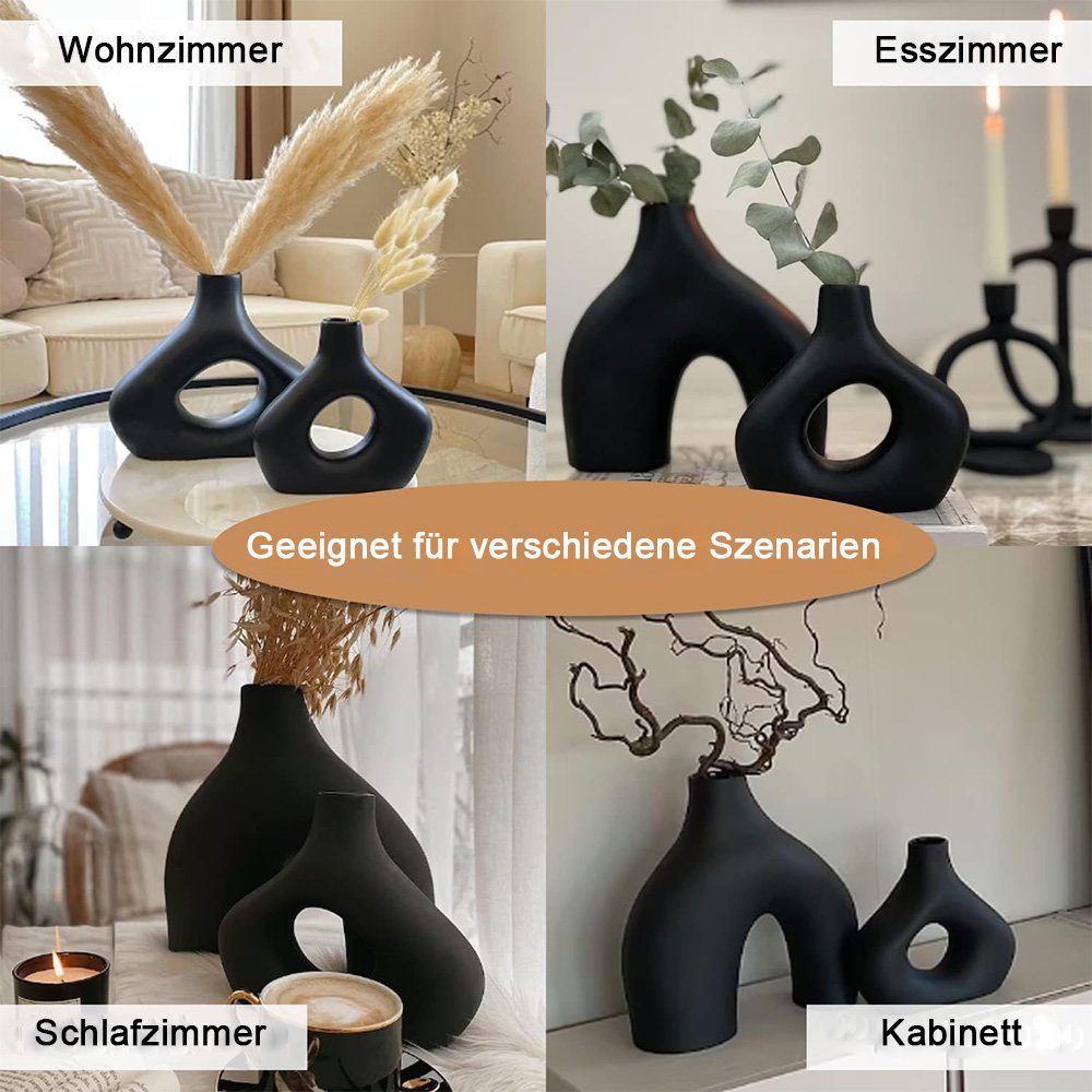 NUODWELL Dekovase 2 Stücke Keramikvase, vasen Boho Minimalismus-Stil Schwarz Dekoration Moderne
