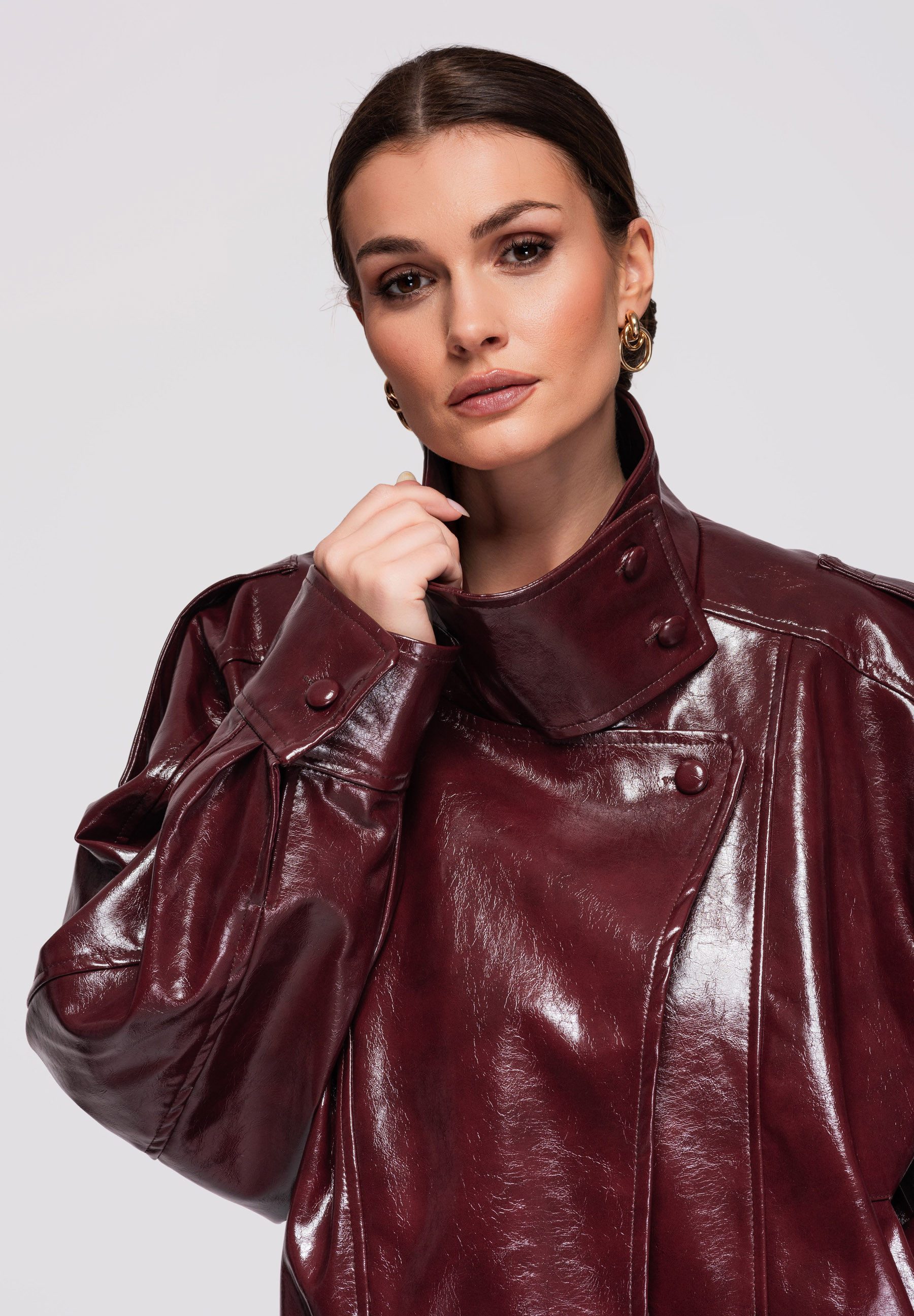 OMBRE Lederimitatjacke Oversize-Damenjacke mit überschnittener Schulter und hohem Stehkragen