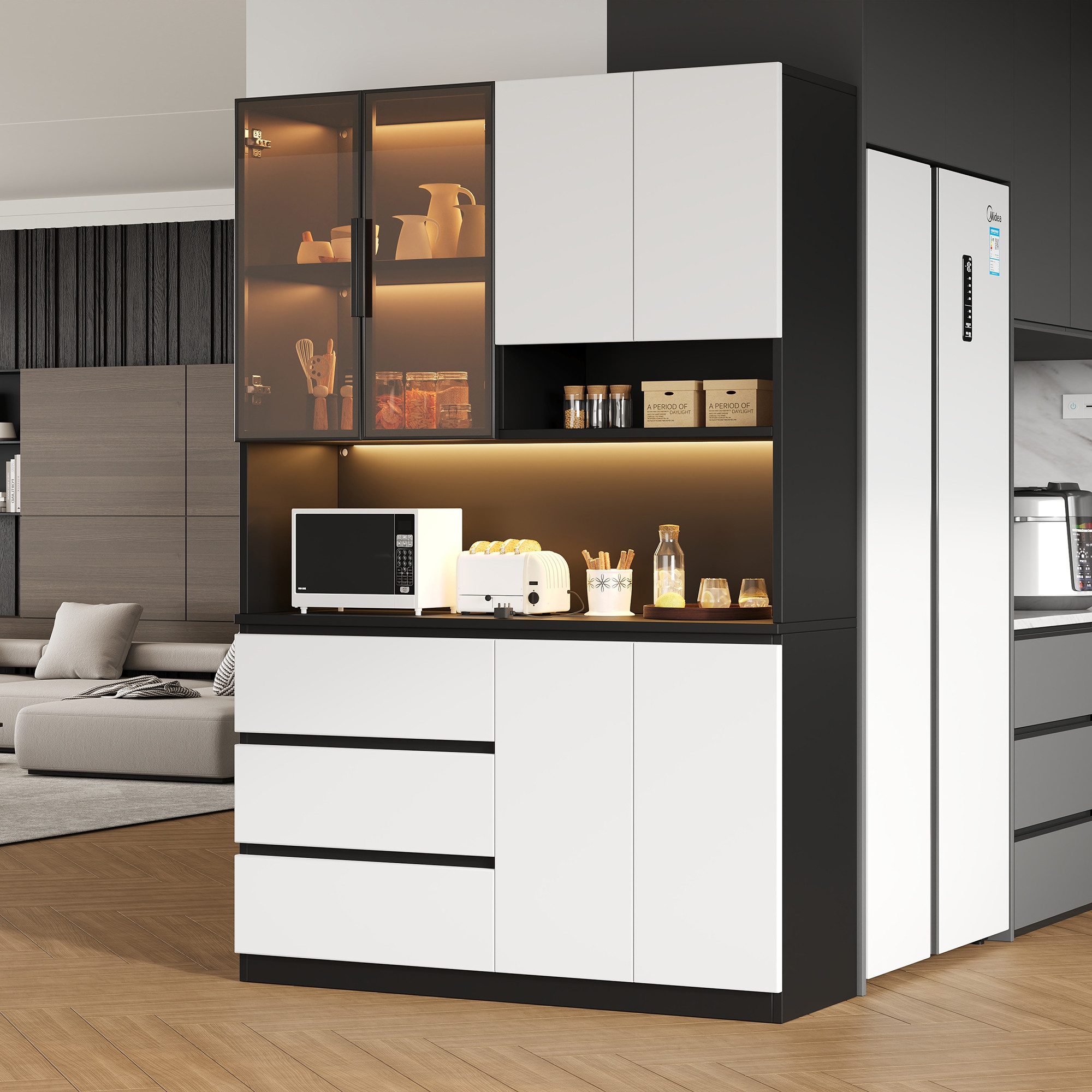 Merax Küchenbuffet Küchenschrank Küchenvitrine mit LED-Beleuchtung (1-St., 3 Schubladen, 6 Türen, Ablagebretter) Multifunktional, Hochschrank, Buffetschrank