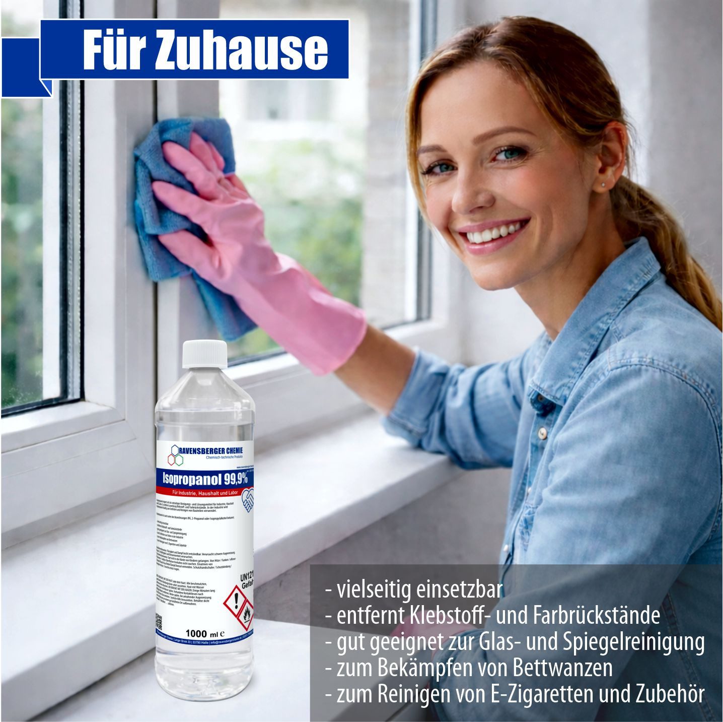 Ravensberger Chemie Isopropanol 99,9% - 1 Liter Reinigungsalkohol (1 Liter Flasche von Ravensberger Chemie - Premium IPA 99,9 % – Für Haushalt, Elektronik & Werkstatt)